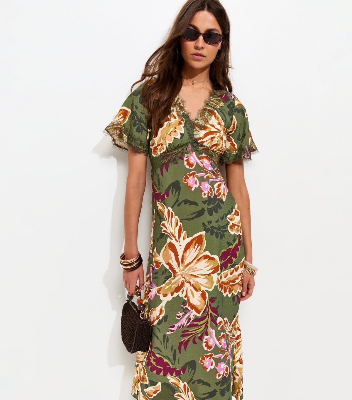 New Look Women's Green Floral Paisley Lace Trim Midi Dress New Look