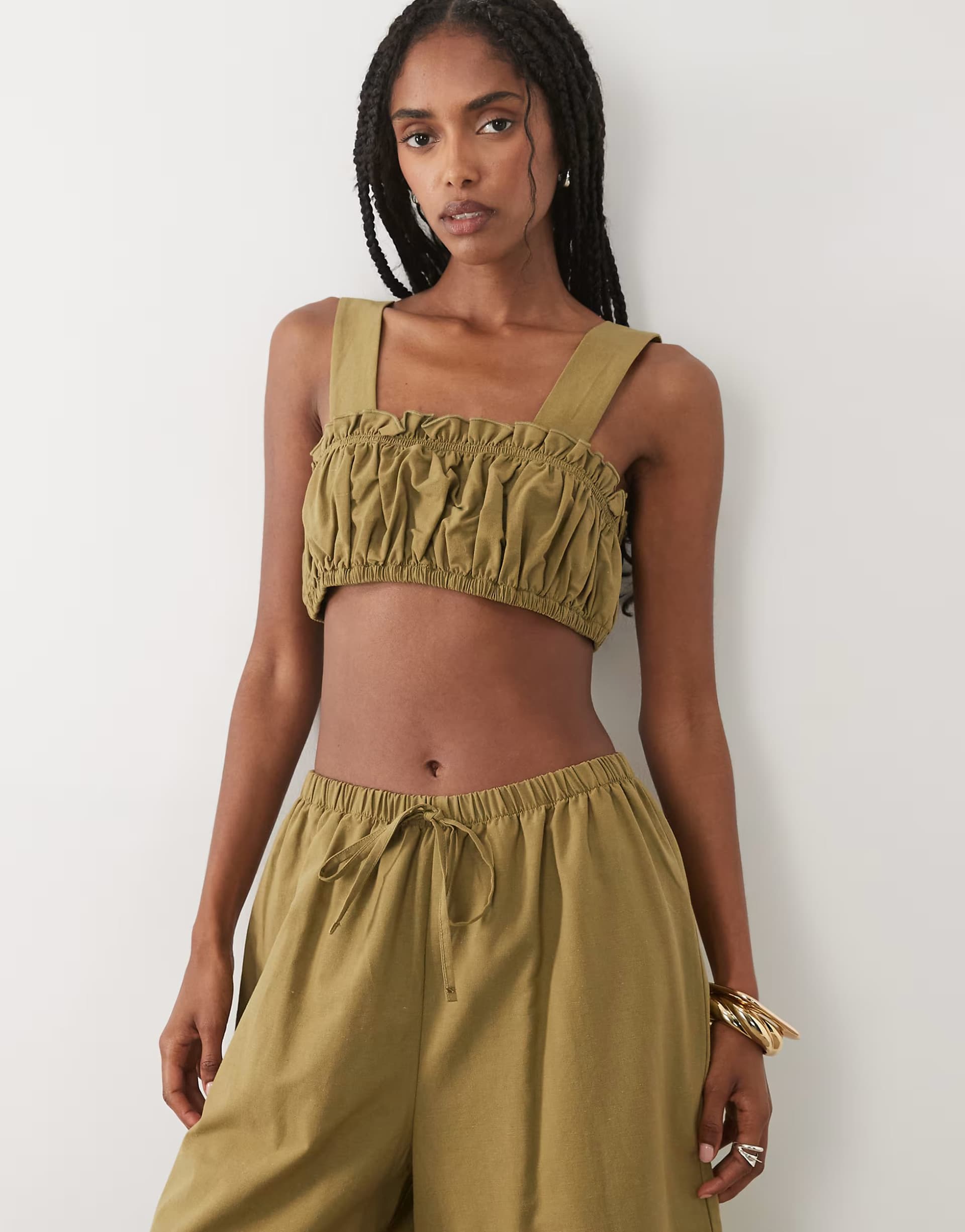 ASOS ASOS DESIGN linen blend ruched bralet in olive co ord