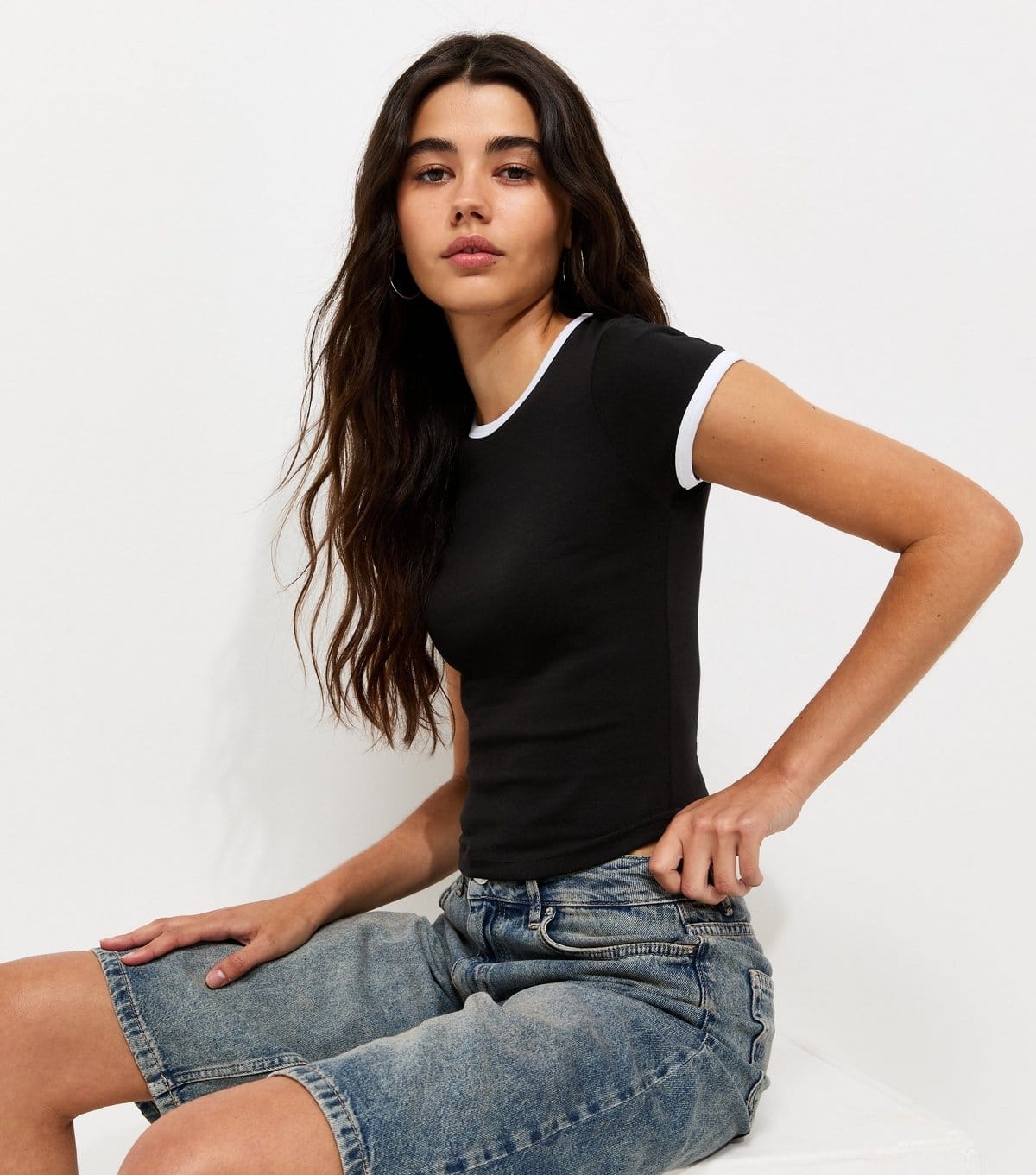 New Look Black Cotton Rich Contrast Trim Ringer T-Shirt