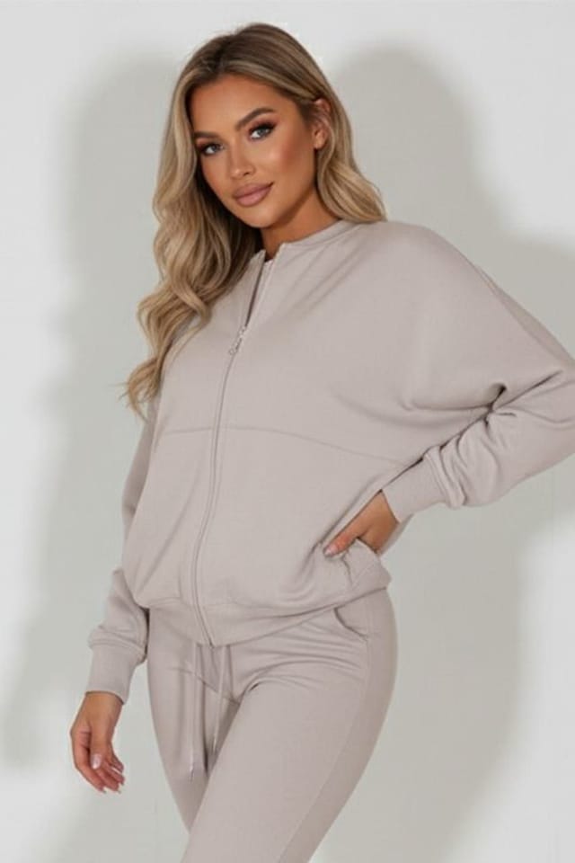 STYLEWISE STYLEWISE Women's Bubble Hem Jacket & Trouser Loungewear Set - Oversized - Co-ord Set in Light Grey - 2