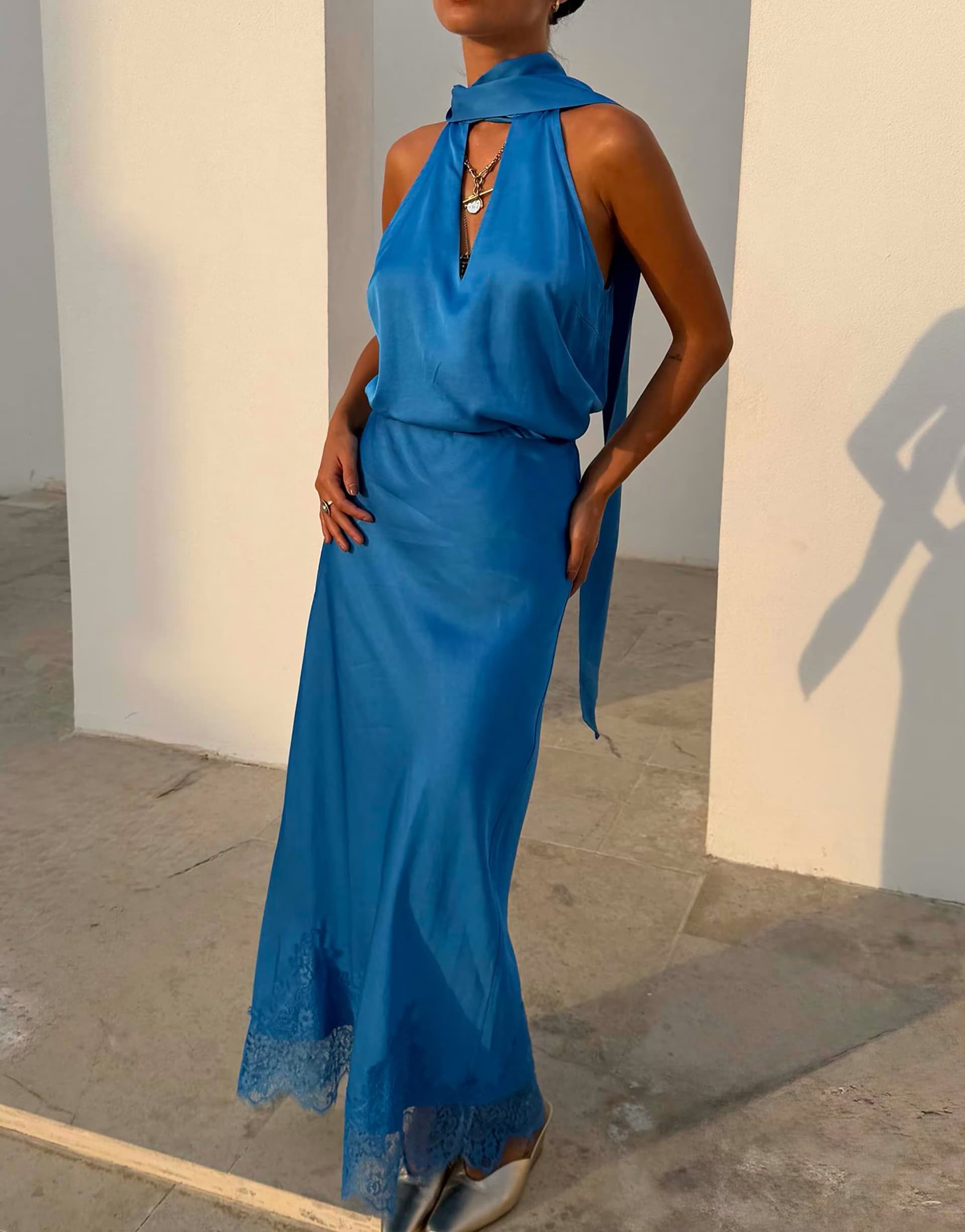 ASOS Never Fully Dressed satin high rise lace hem maxi skirt co-ord in blue