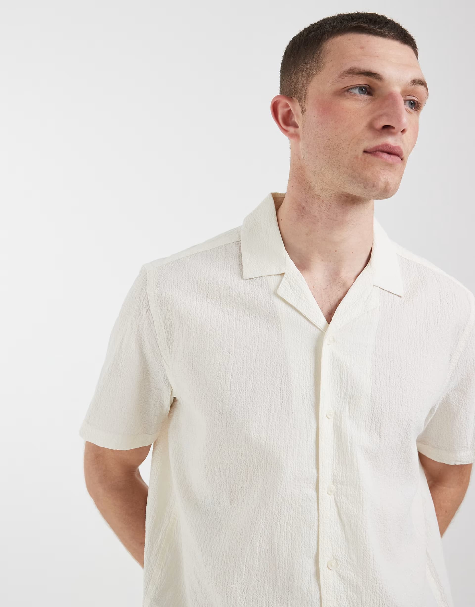 ASOS BLEND cotton-rich open collar regular fit shirt in off white