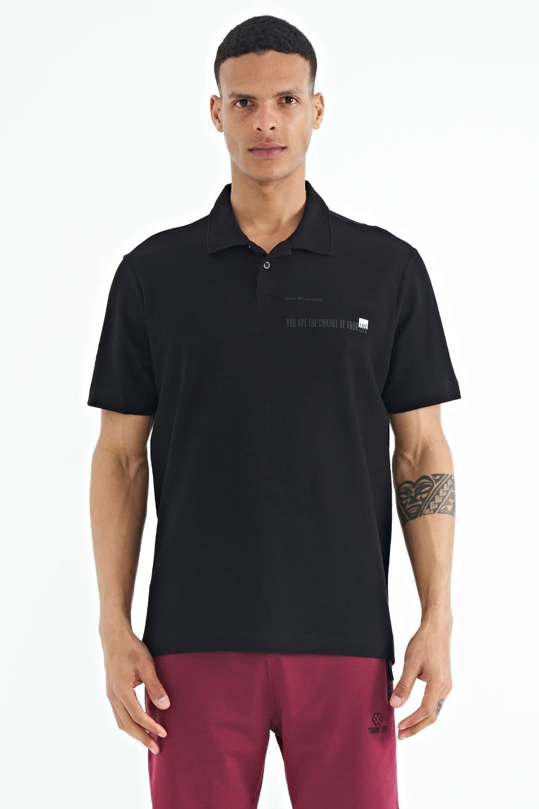 Tommy Life Tommy Life Men's Cotton Polo T-Shirt With Text Print in Black