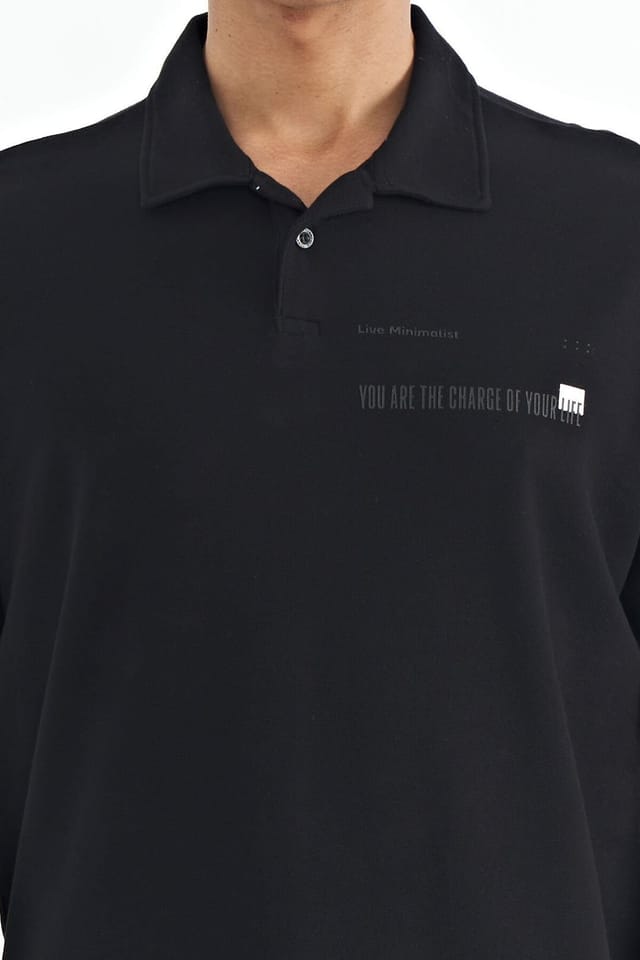 Tommy Life Tommy Life Men's Cotton Polo T-Shirt With Text Print in Black - 3