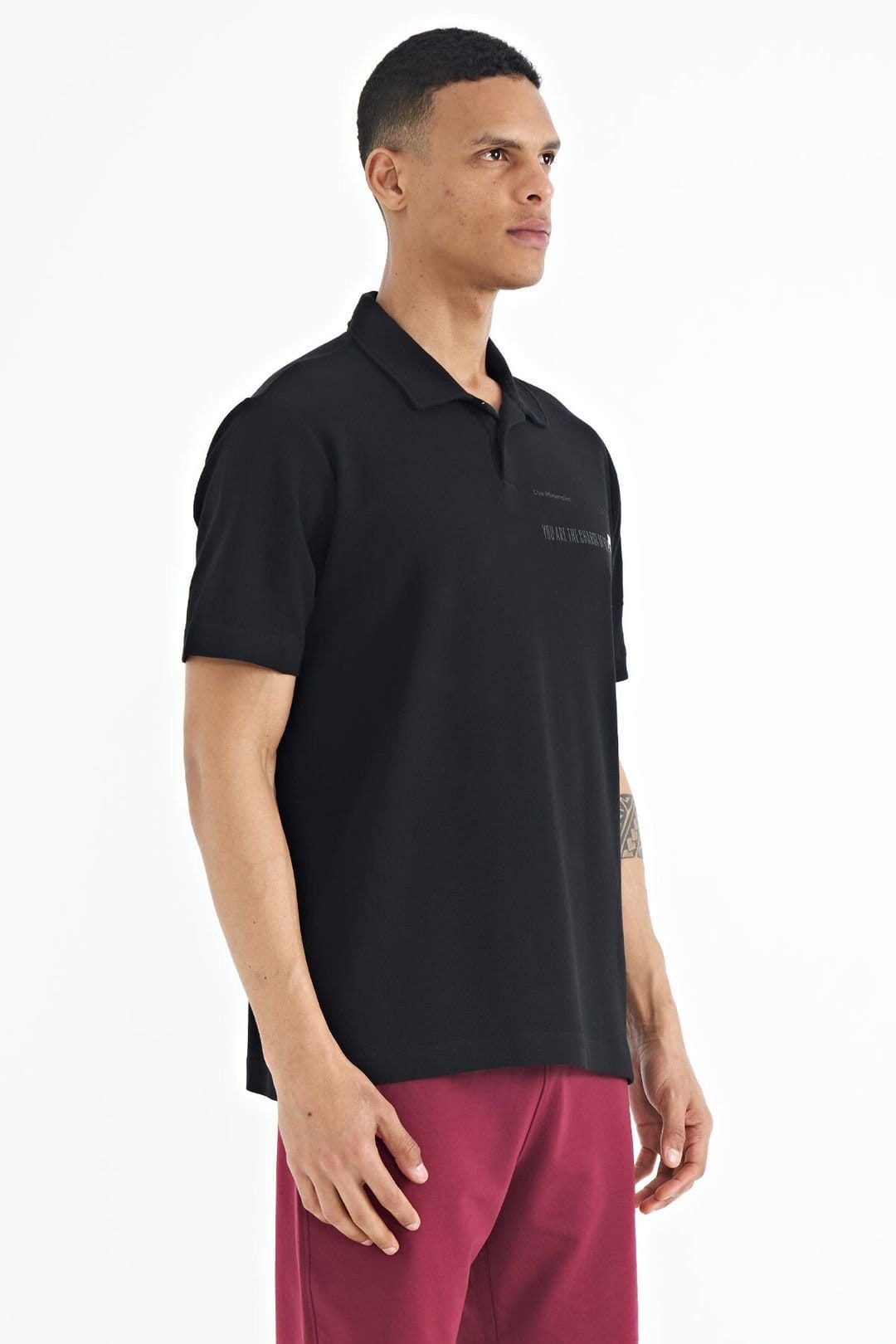 Tommy Life Tommy Life Men's Cotton Polo T-Shirt With Text Print in Black - 4