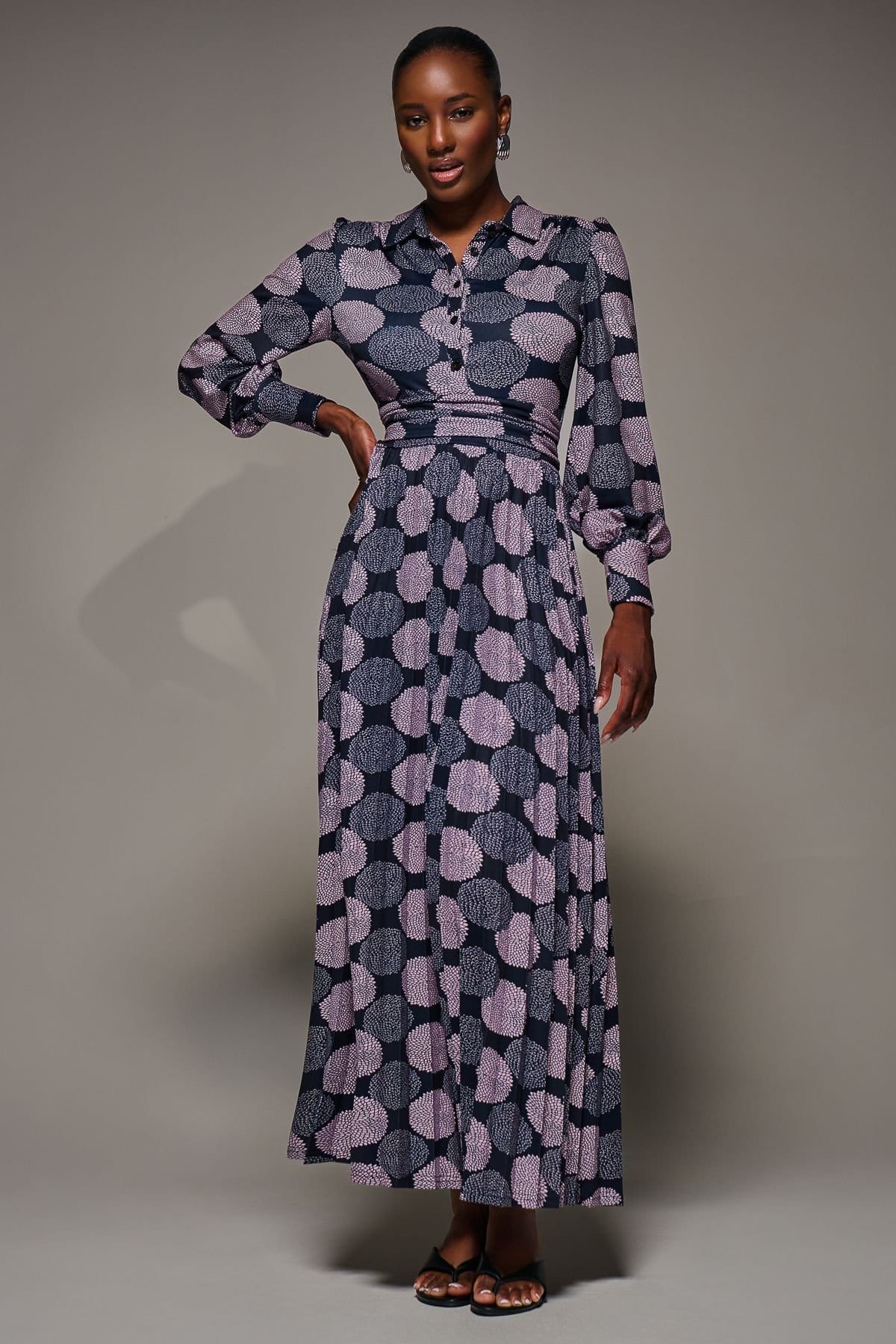 Jolie Moi Jolie Moi Women's Long Sleeve Pleated Jersey Maxi Dress in Dark Navy - 1