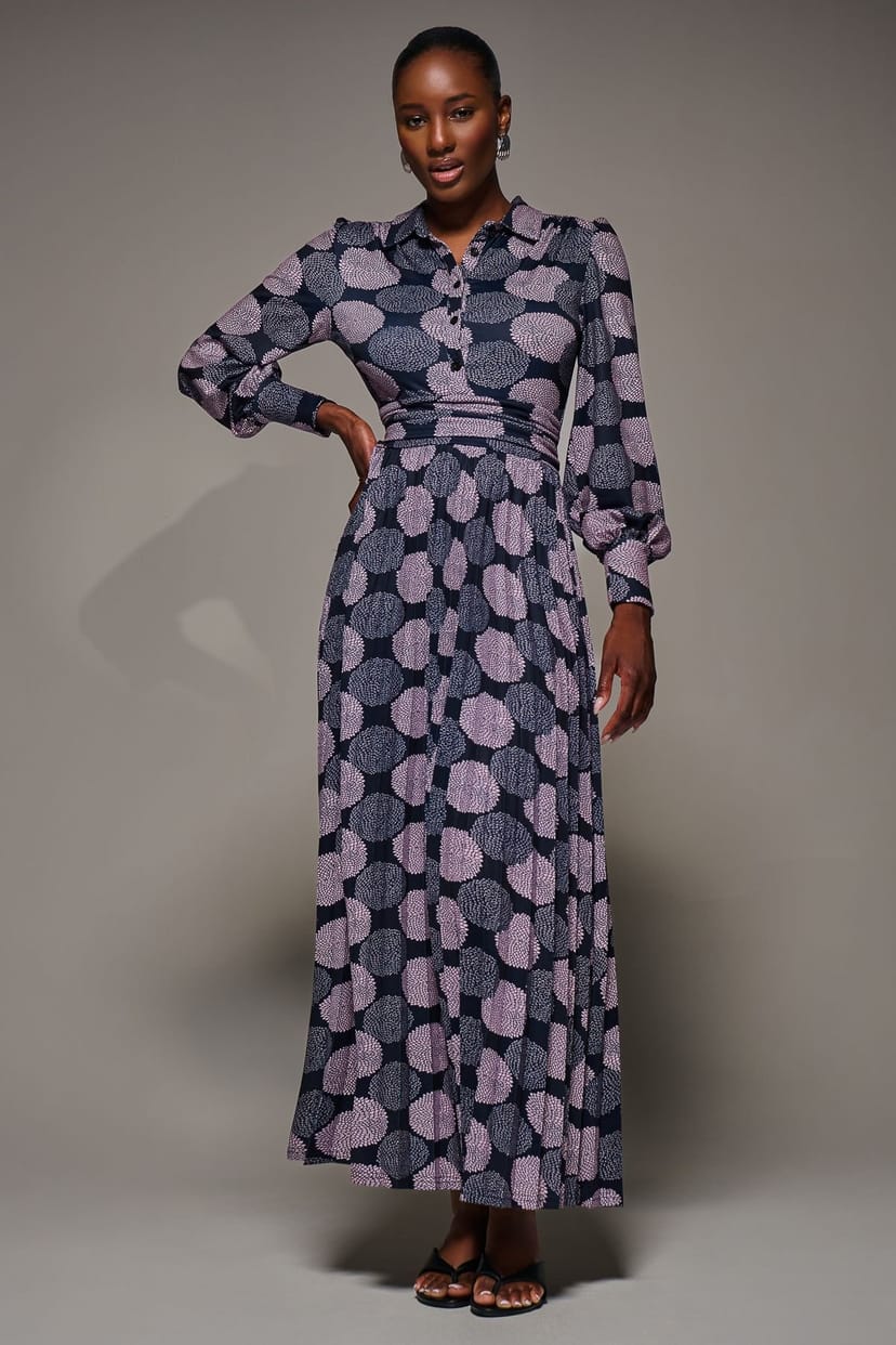 Jolie Moi Jolie Moi Women's Long Sleeve Pleated Jersey Maxi Dress in Dark Navy - 1