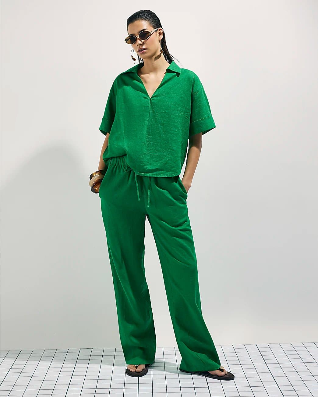 River Island River Island Womens Green Linen Blend Drawstring Tapered Trousers