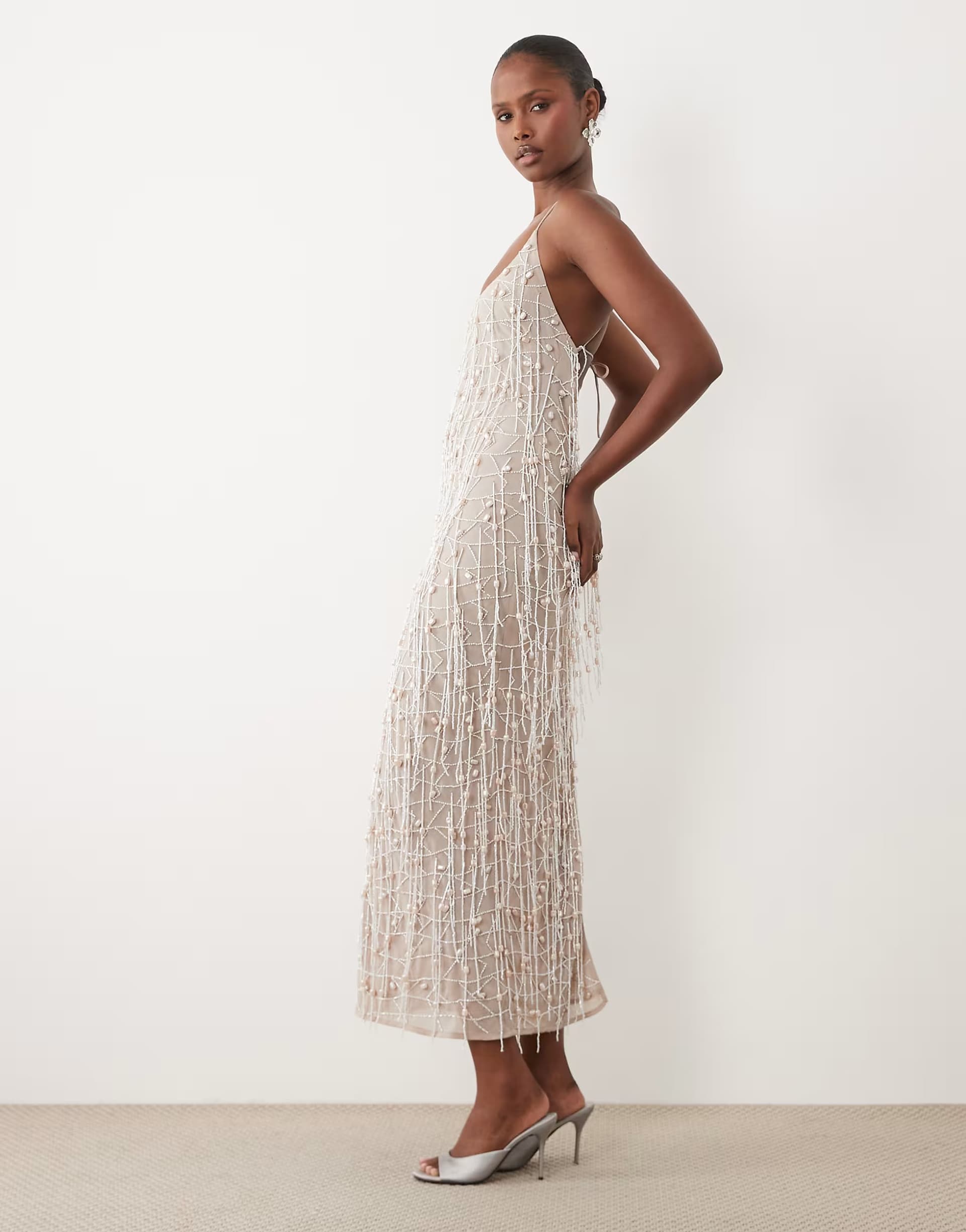 ASOS ASOS DESIGN pearl fringe tassel maxi dress in pale grey