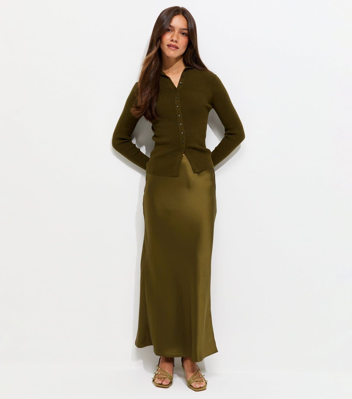 New Look Women's Petite Dark Khaki Satin Bias Cut Midi Skirt New Look