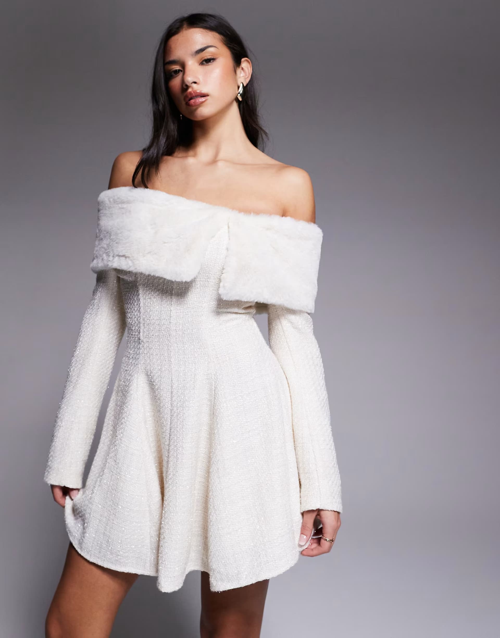 ASOS ASOS LUXE boucle mini dress with faux fur trim in cream