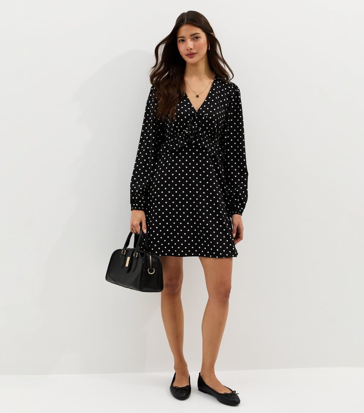 New Look New Look Black Polka Dot Frilly Trim Mini Dress