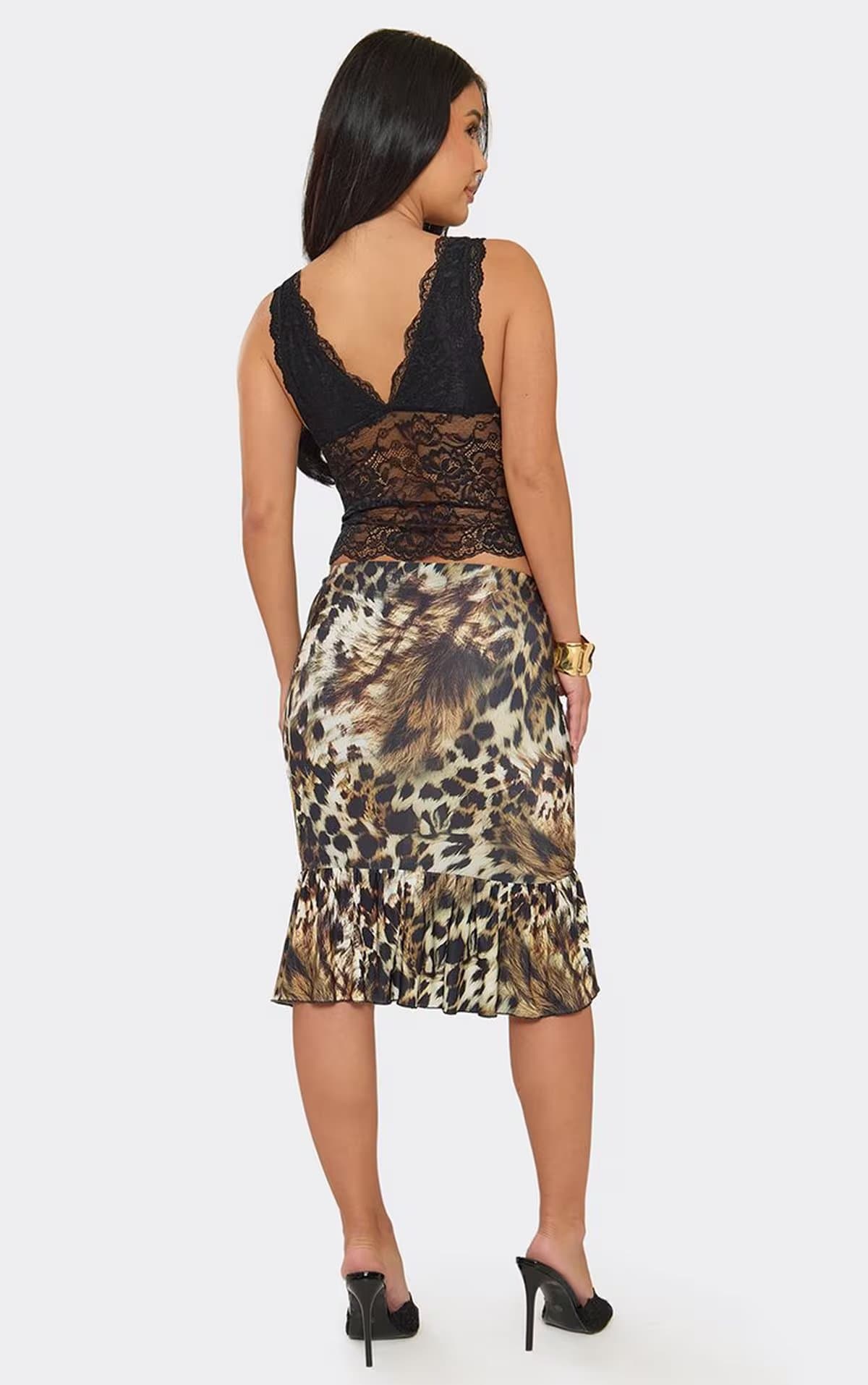 EGO Low Waist Frilled Hem Fitted Midi Skirt In Multi Animal Print, Women's Size UK 6