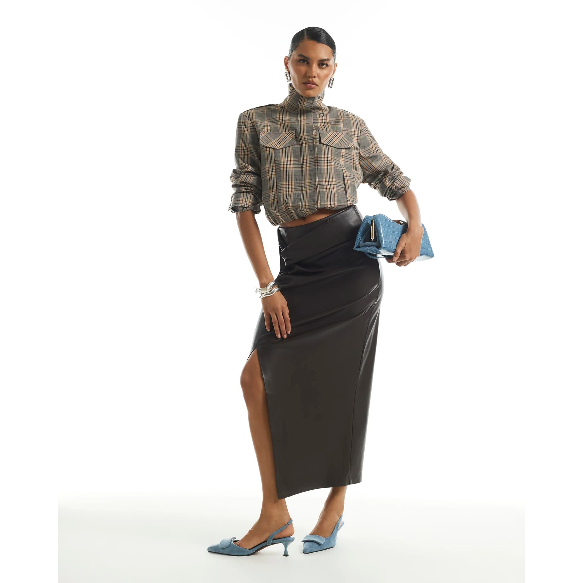 River Island River Island Womens Brown Faux Leather Side Twist Midi Skirt