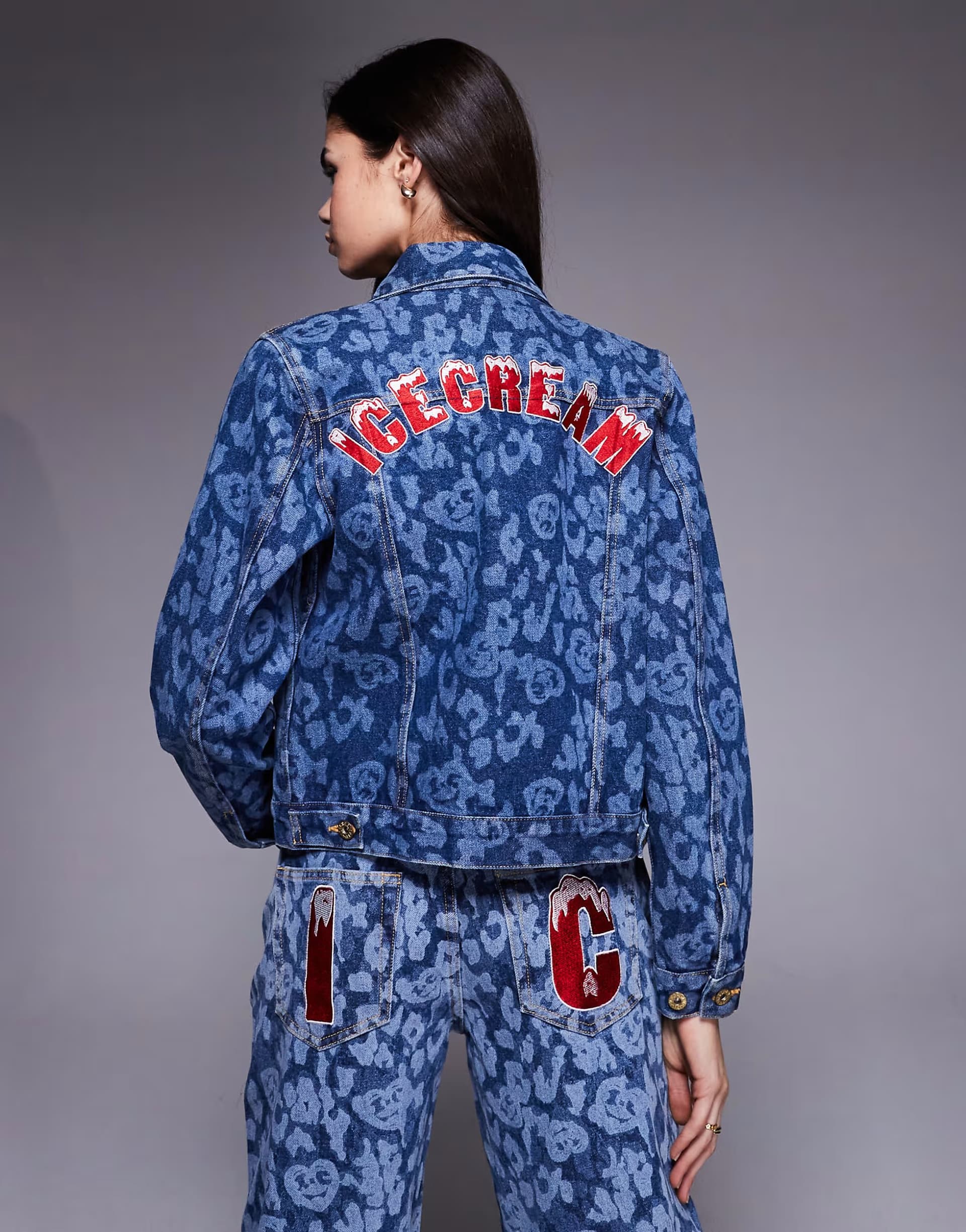 ASOS ICECREAM laser camo denim trucker jacket co-ord in mid wash blue