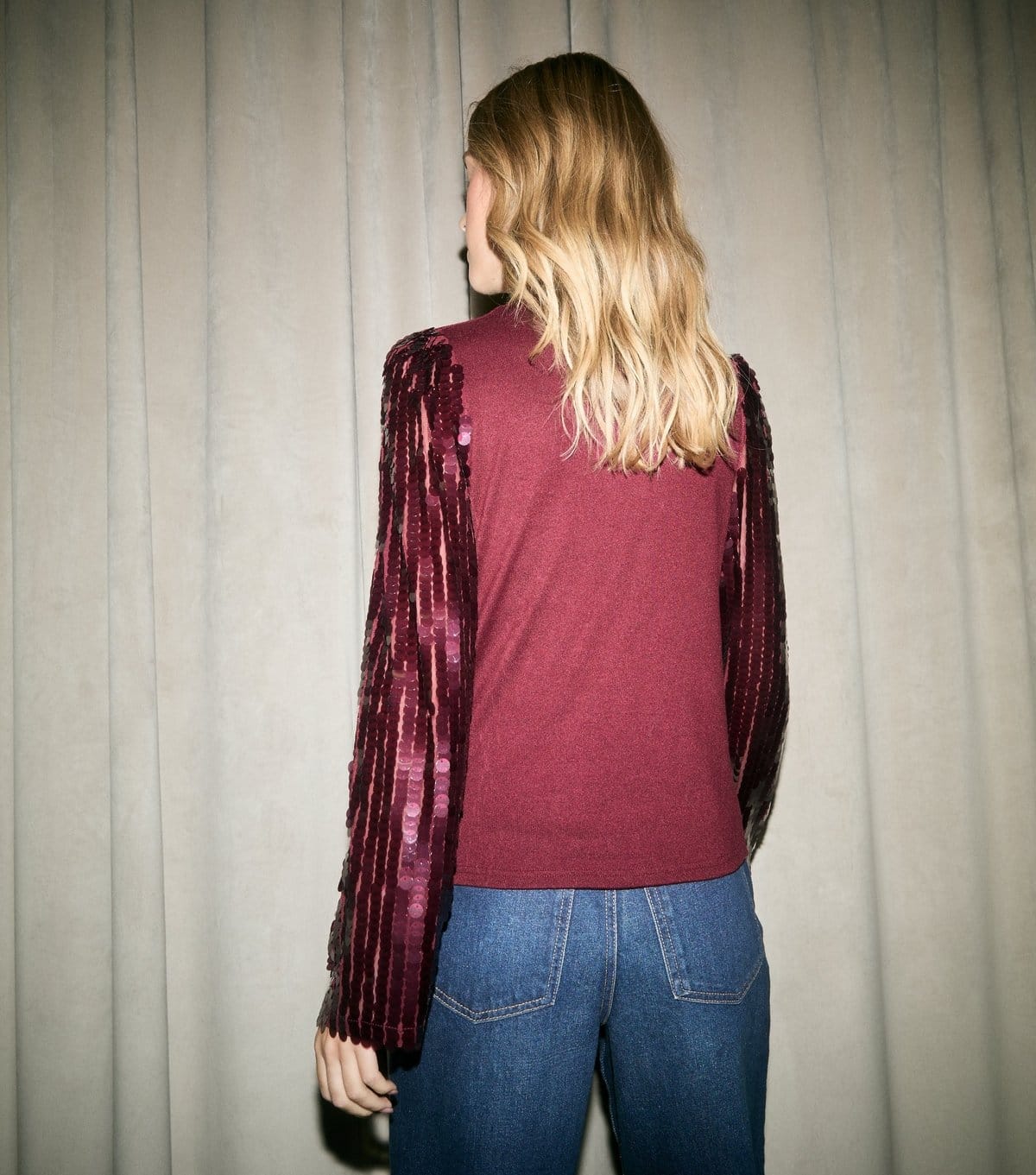 New Look Women's Dark Burgundy Sequin Sleeve High Neck Top New Look - 4
