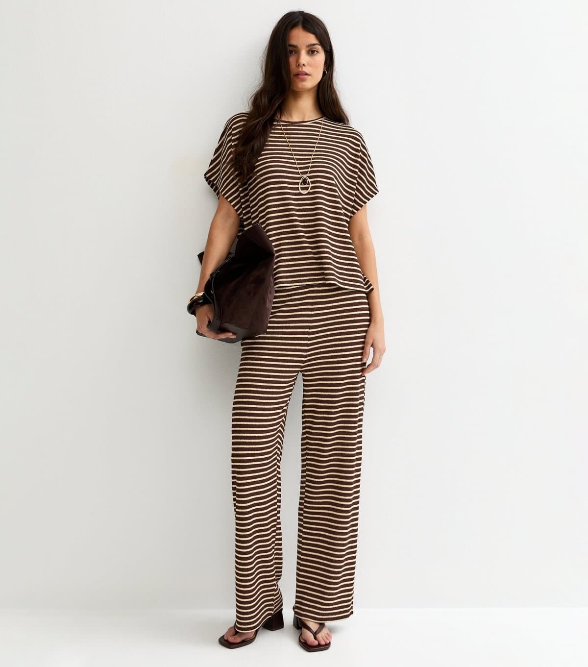 New Look Women's Brown Textured Striped Wide Leg Trousers New Look