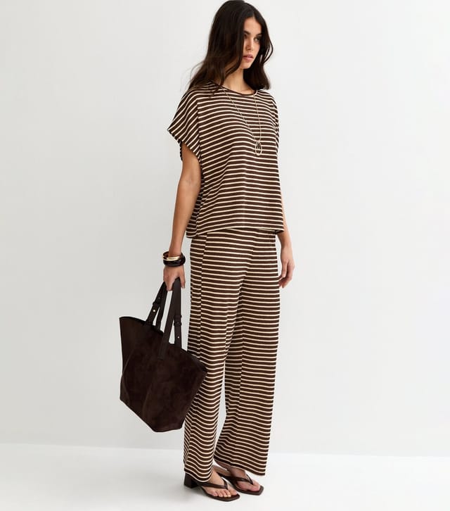 New Look Women's Brown Textured Striped Wide Leg Trousers New Look - 2