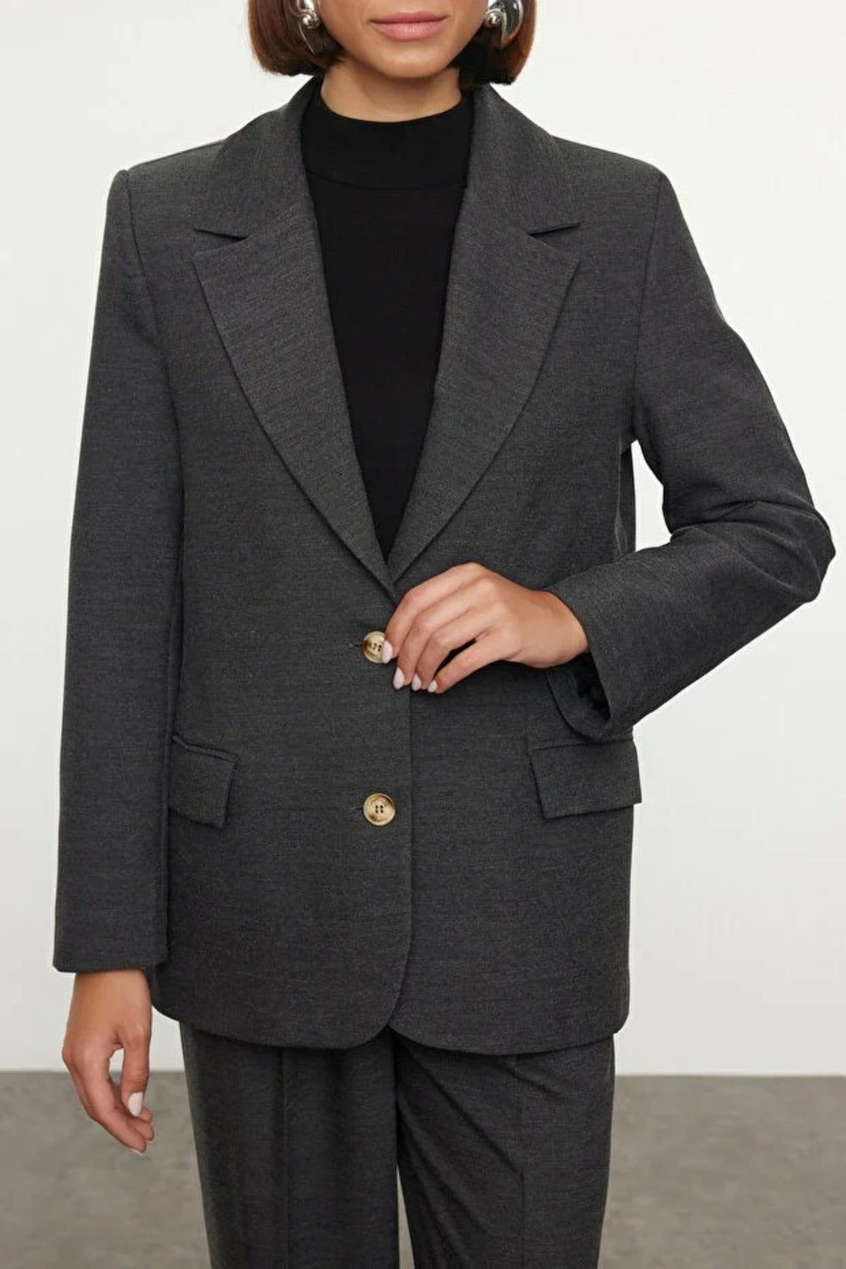 WOVCOR WOVCOR Women's Lined Woven Blazer Jacket in Dark Grey - 2
