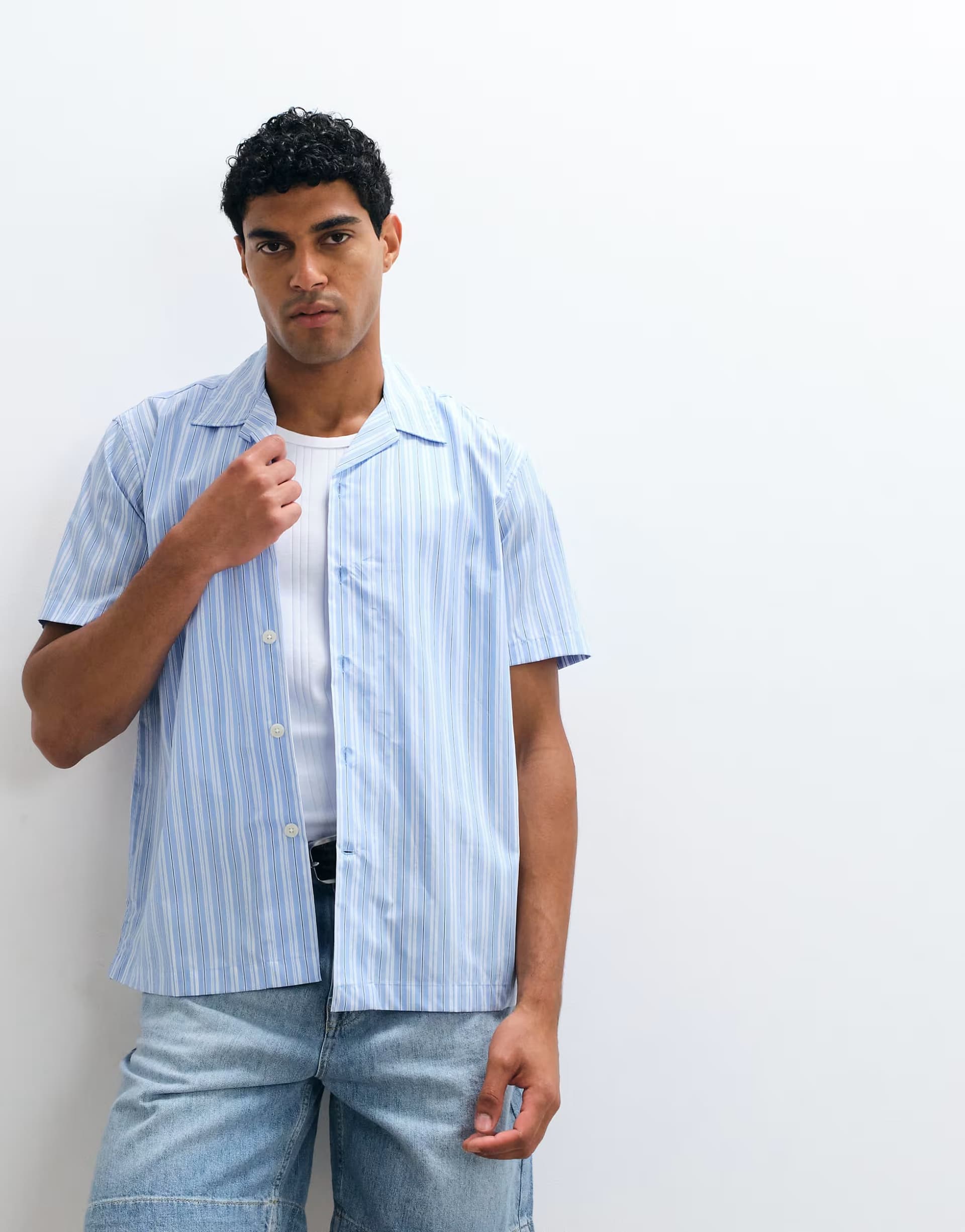 ASOS Selected poplin stripe short sleeve shirt in light blue