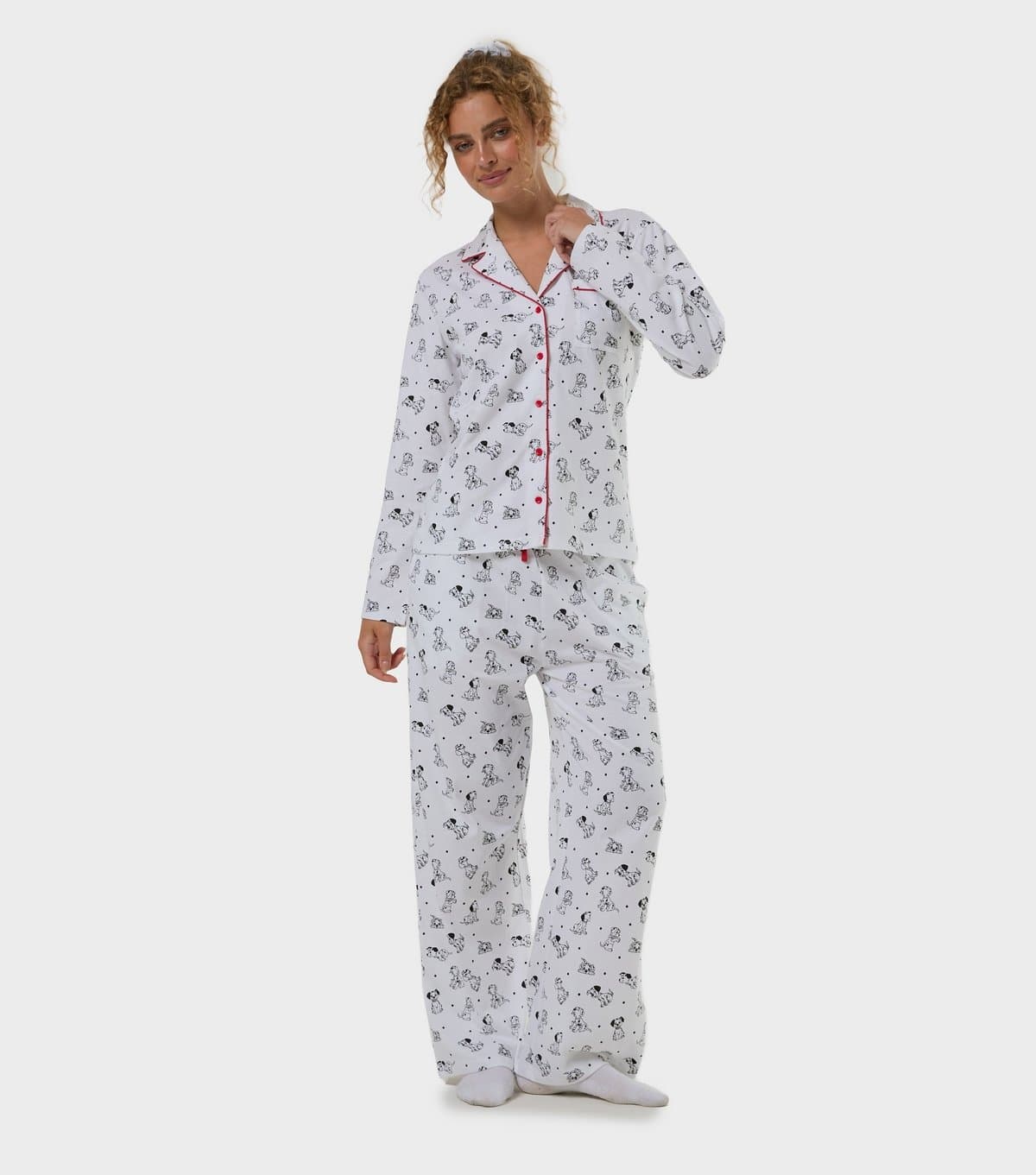 Skinnydip Women's White Cotton Dalmatians Print Shirt and Trousers Pyjama Set With Scrunchie Skinnydip New Look