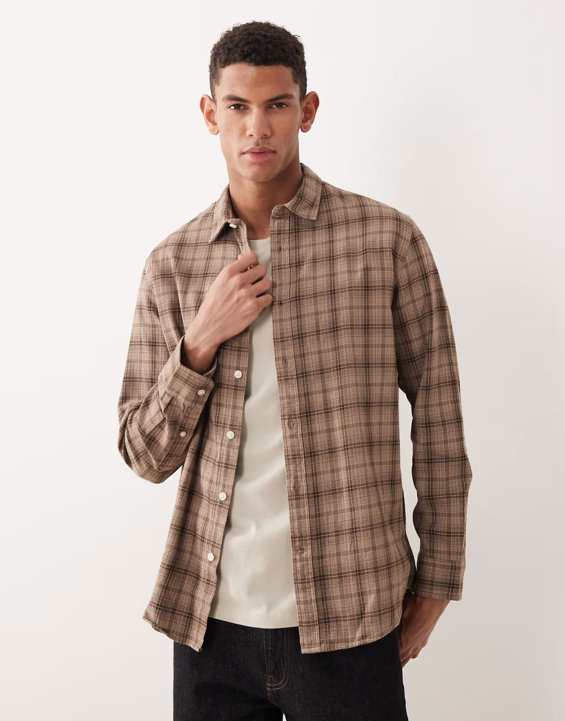 ASOS Selected checked long sleeved shirt in brown & beige