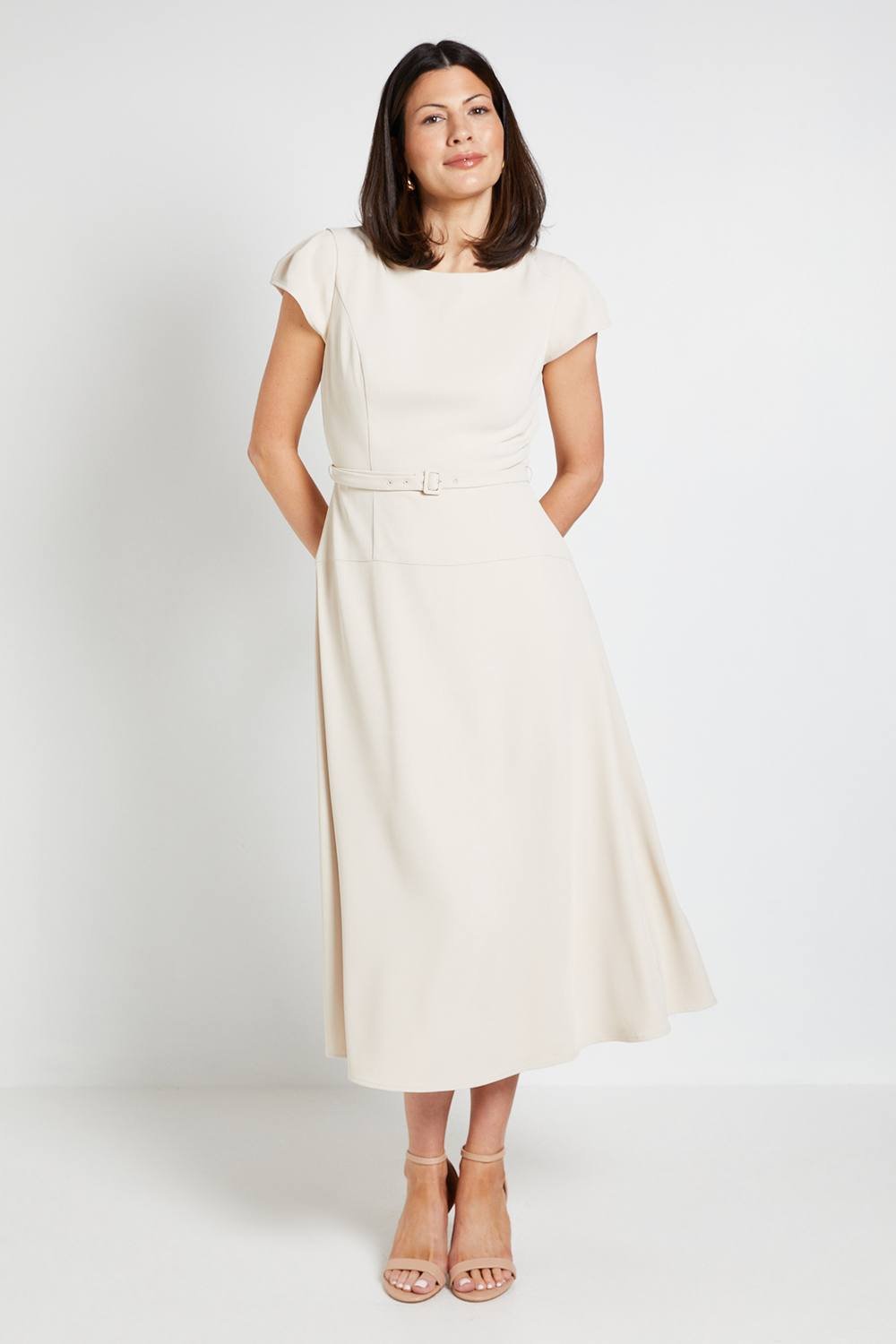 Wallis Wallis Women's Crepe Belted Cap Sleeve Midi Dress in Stone - 2