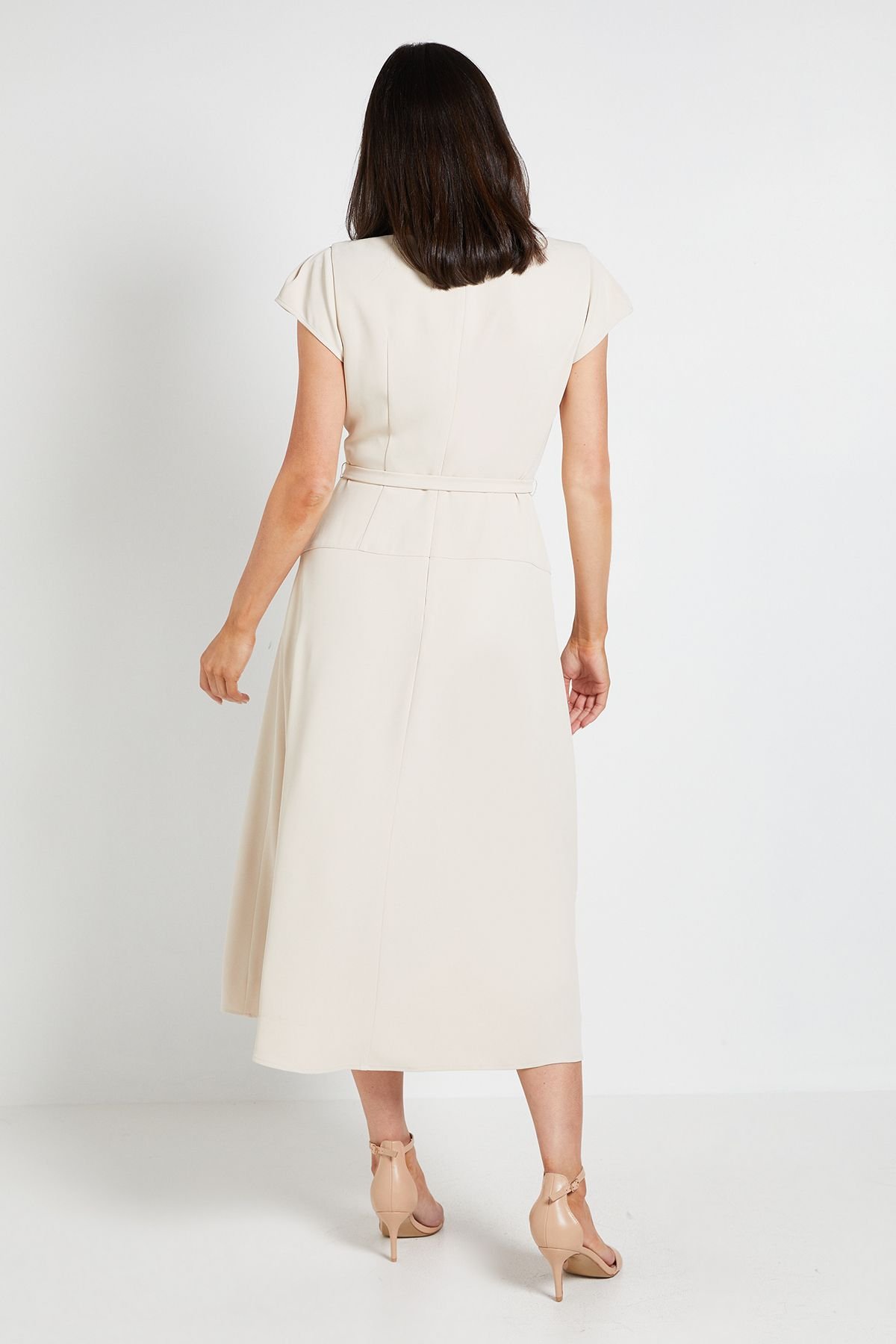 Wallis Wallis Women's Crepe Belted Cap Sleeve Midi Dress in Stone - 3