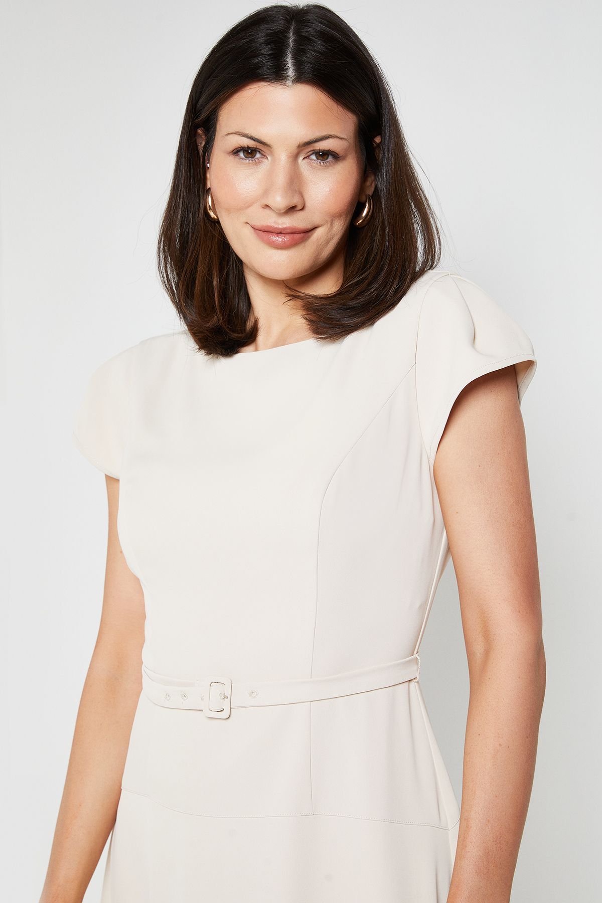 Wallis Wallis Women's Crepe Belted Cap Sleeve Midi Dress in Stone - 4