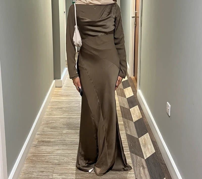 ASOS ASOS cowl neck satin long sleeve maxi dress in mink brown