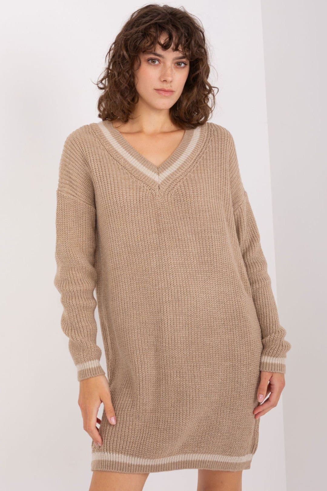 Love Lace Love Lace Women's Oversized Heart Neck Sweater Dress Midi in Beige