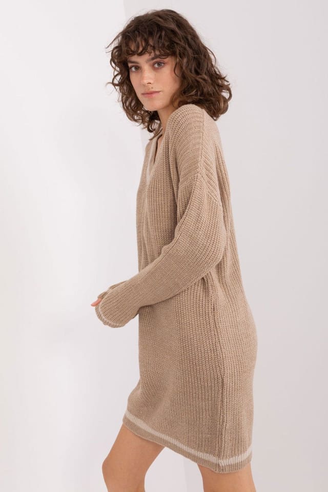 Love Lace Love Lace Women's Oversized Heart Neck Sweater Dress Midi in Beige - 2