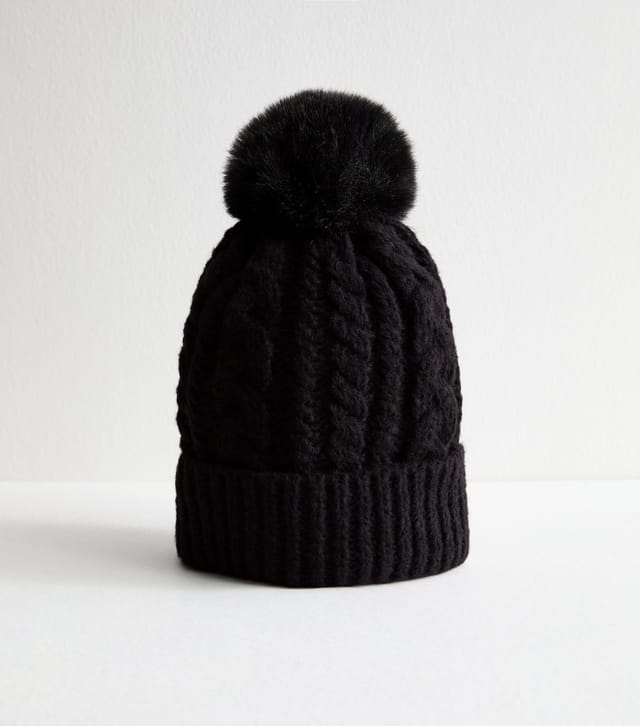 New Look Black Cable Knit Faux Fur Pom Pom Bobble Hat New Look - 2