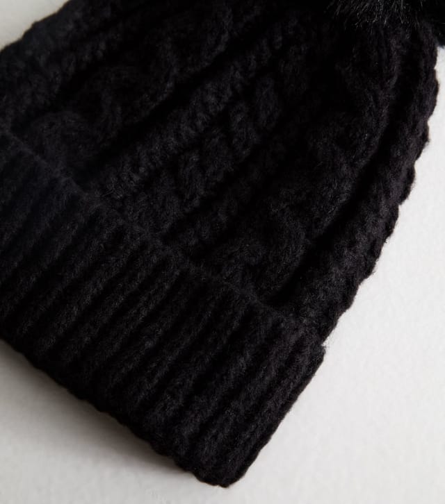 New Look Black Cable Knit Faux Fur Pom Pom Bobble Hat New Look - 3
