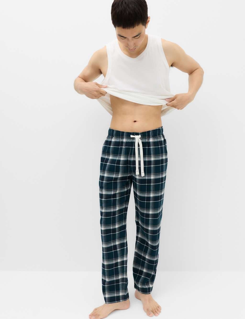 Marks & Spencer M&S Pure Cotton Checked Loungewear Bottoms Dark Kingfisher