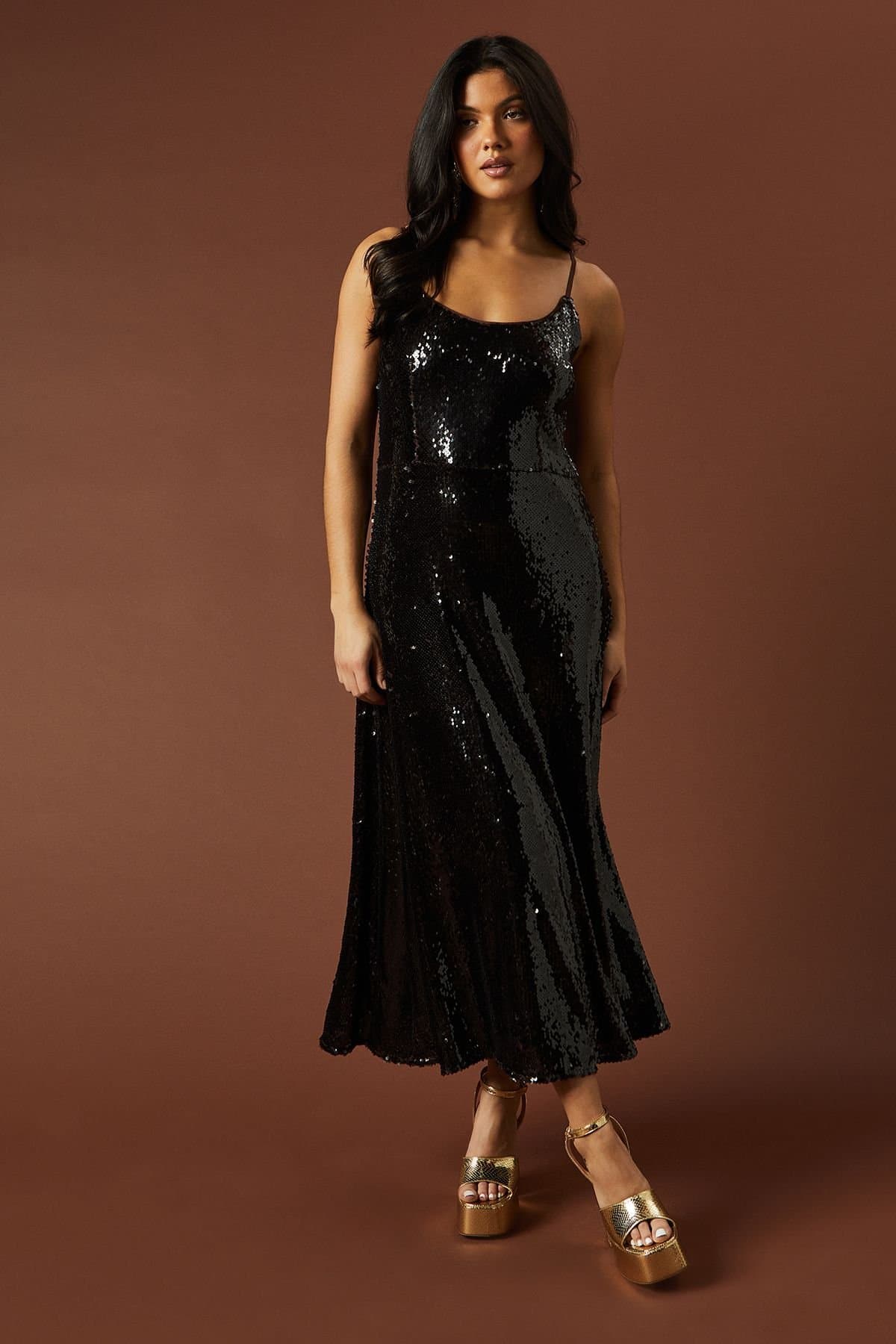 Oasis Oasis Women's Occasion Clear Sequin Strappy Maxi Dress in Chocolate