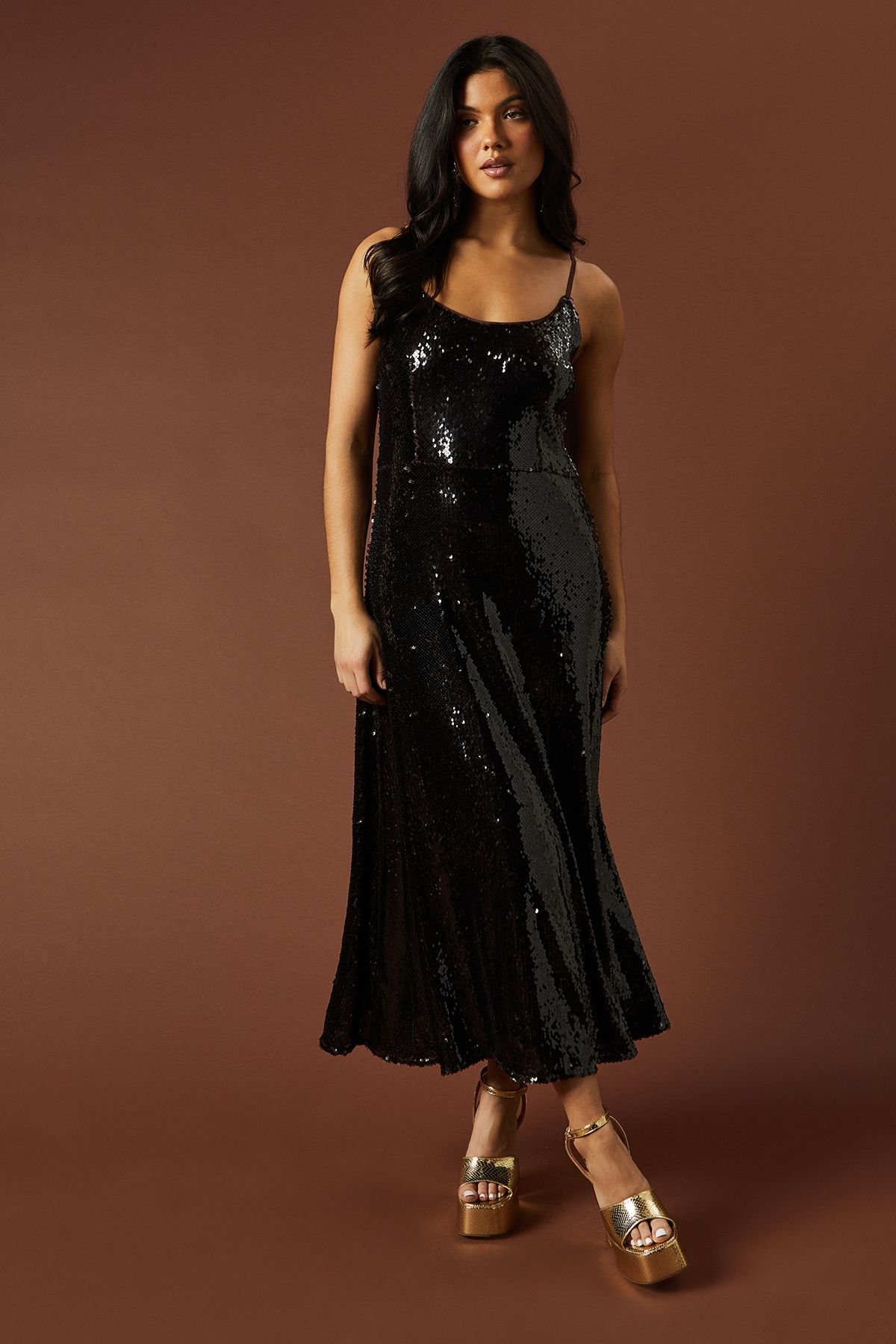 Oasis Oasis Women's Occasion Clear Sequin Strappy Maxi Dress in Chocolate - 2