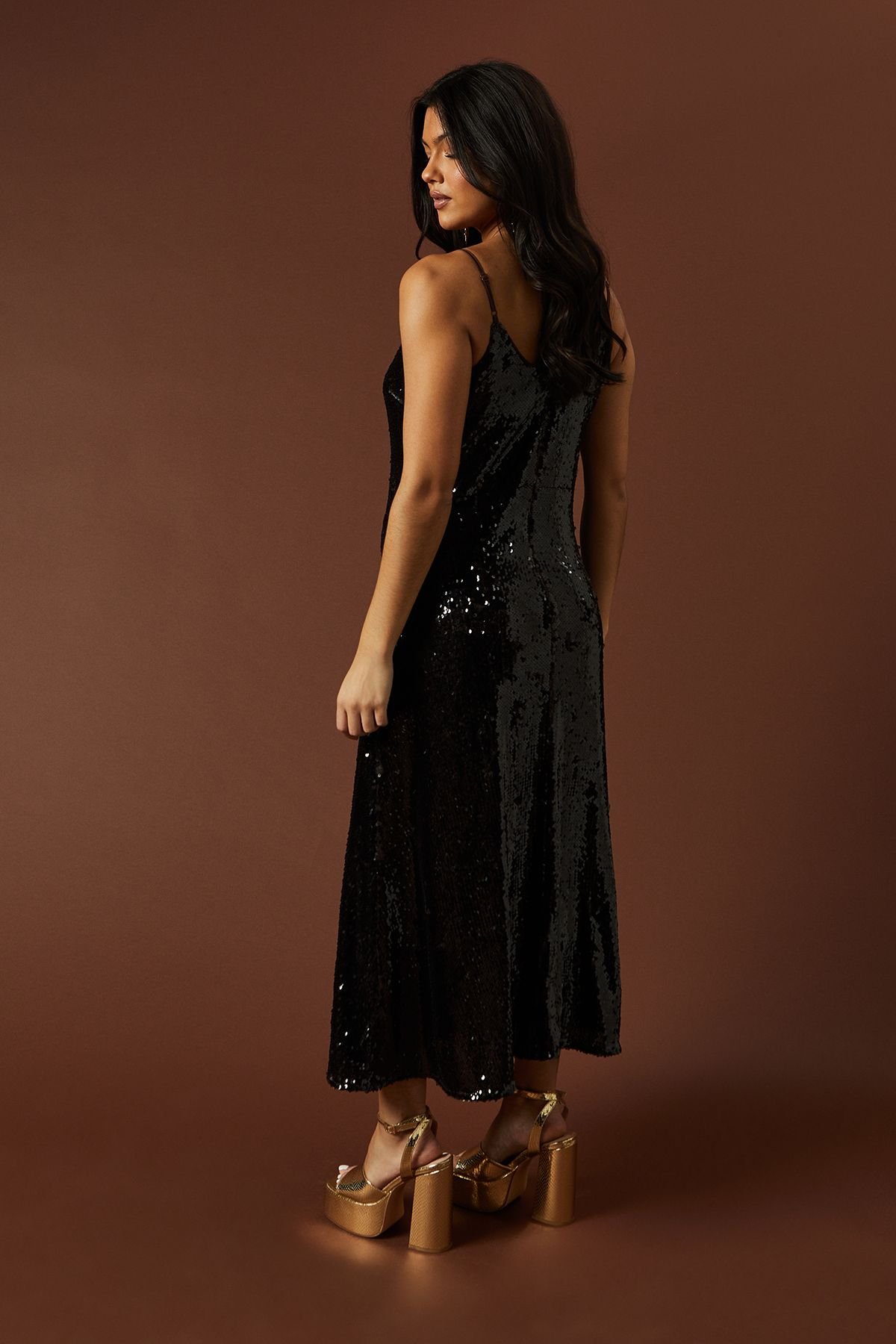 Oasis Oasis Women's Occasion Clear Sequin Strappy Maxi Dress in Chocolate - 3