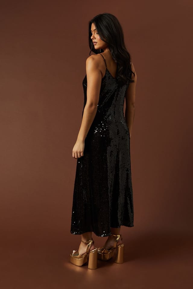 Oasis Oasis Women's Occasion Clear Sequin Strappy Maxi Dress in Chocolate - 3