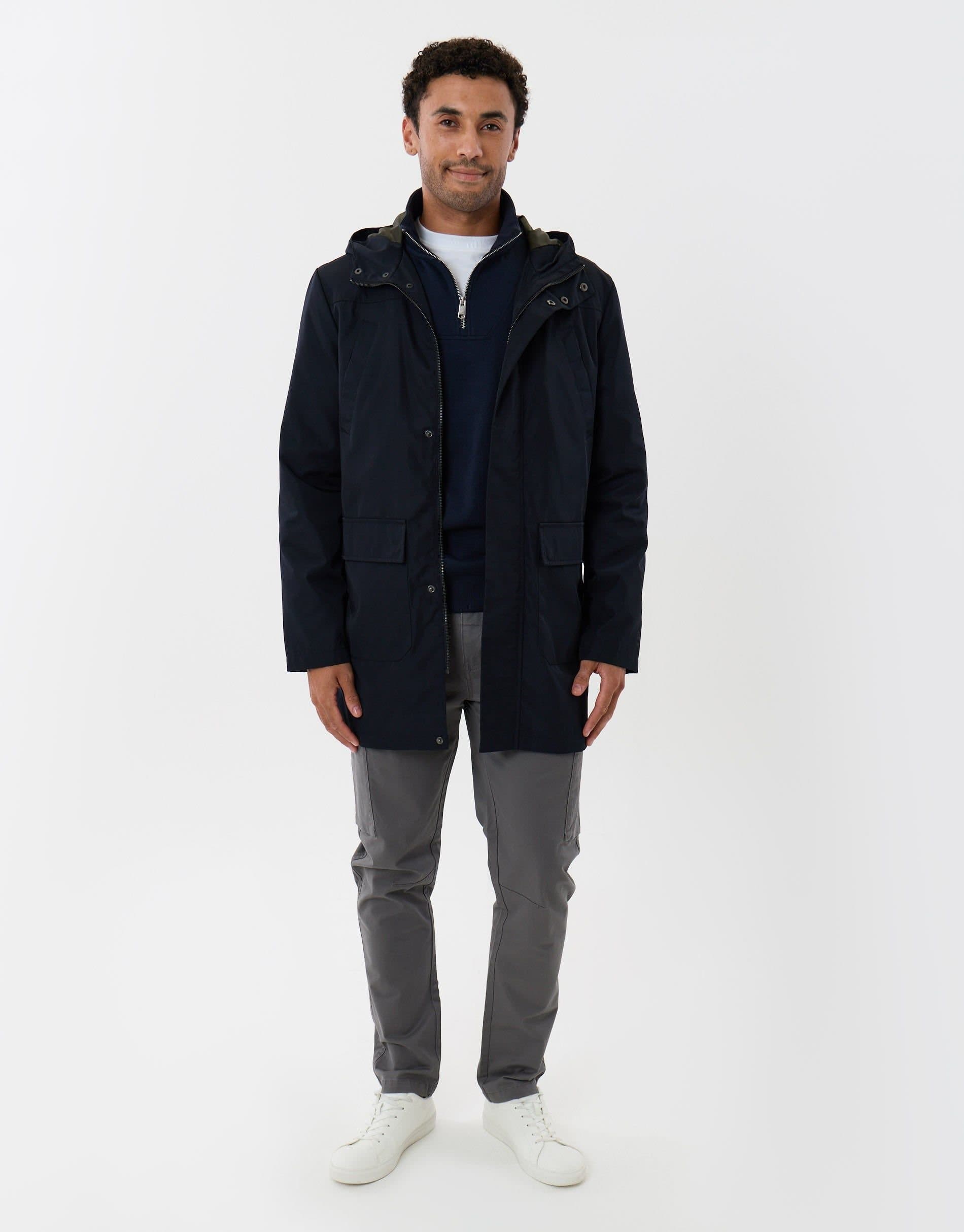 Threadbare threadbare Men's Showerproof Hooded Longline Mac with Patch Pockets in Blue