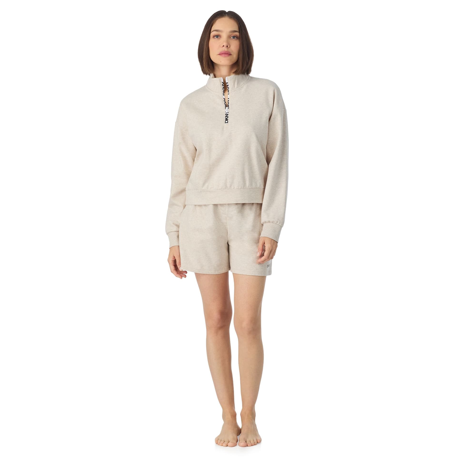 DKNY DKNY Women's Long sleeve top & boxer pyjama set in quill heather in Beige