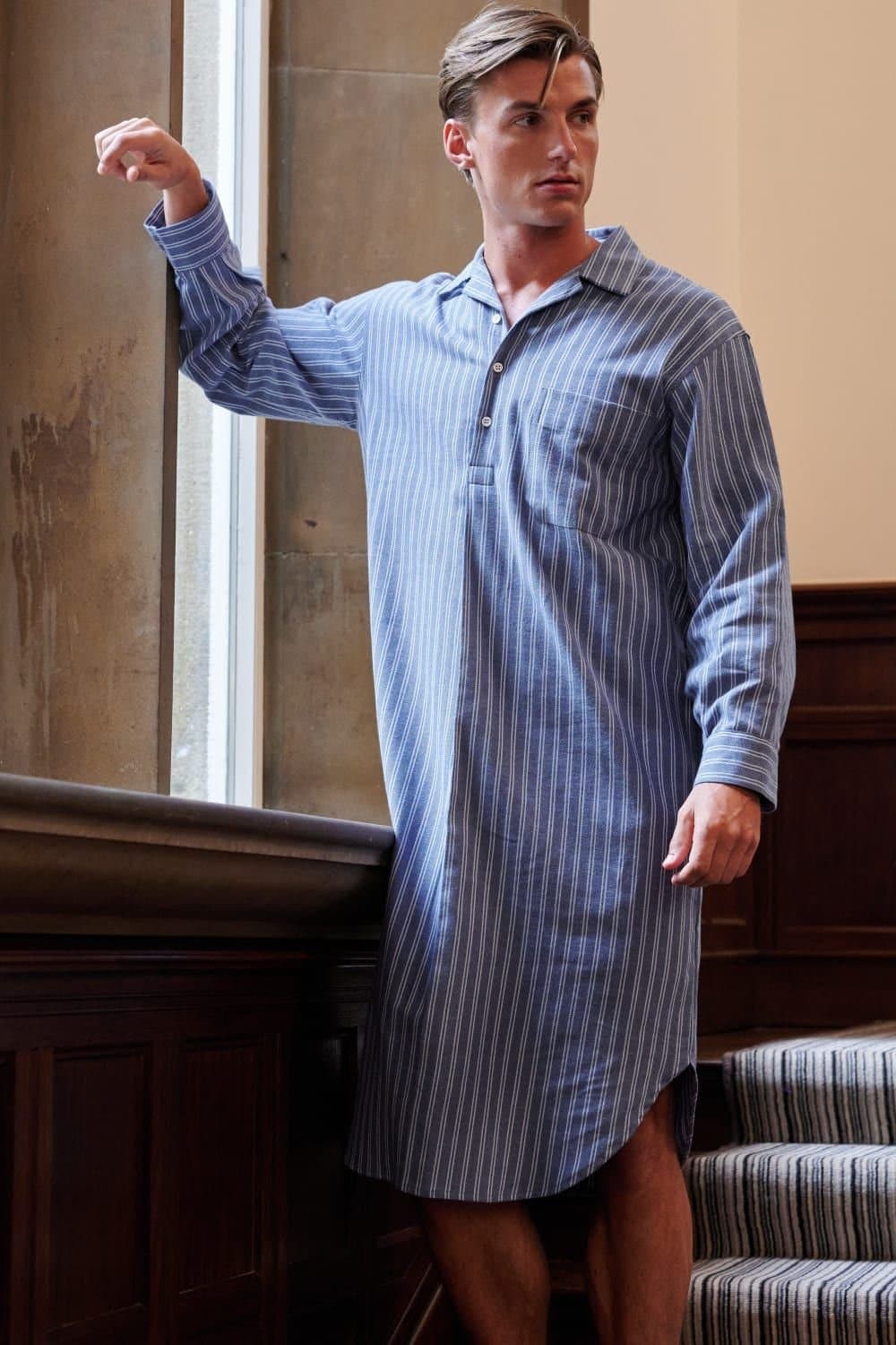 British Boxers British Boxers Men's "Westwood Steel Stripe" Brushed Cotton Nightshirt in Navy
