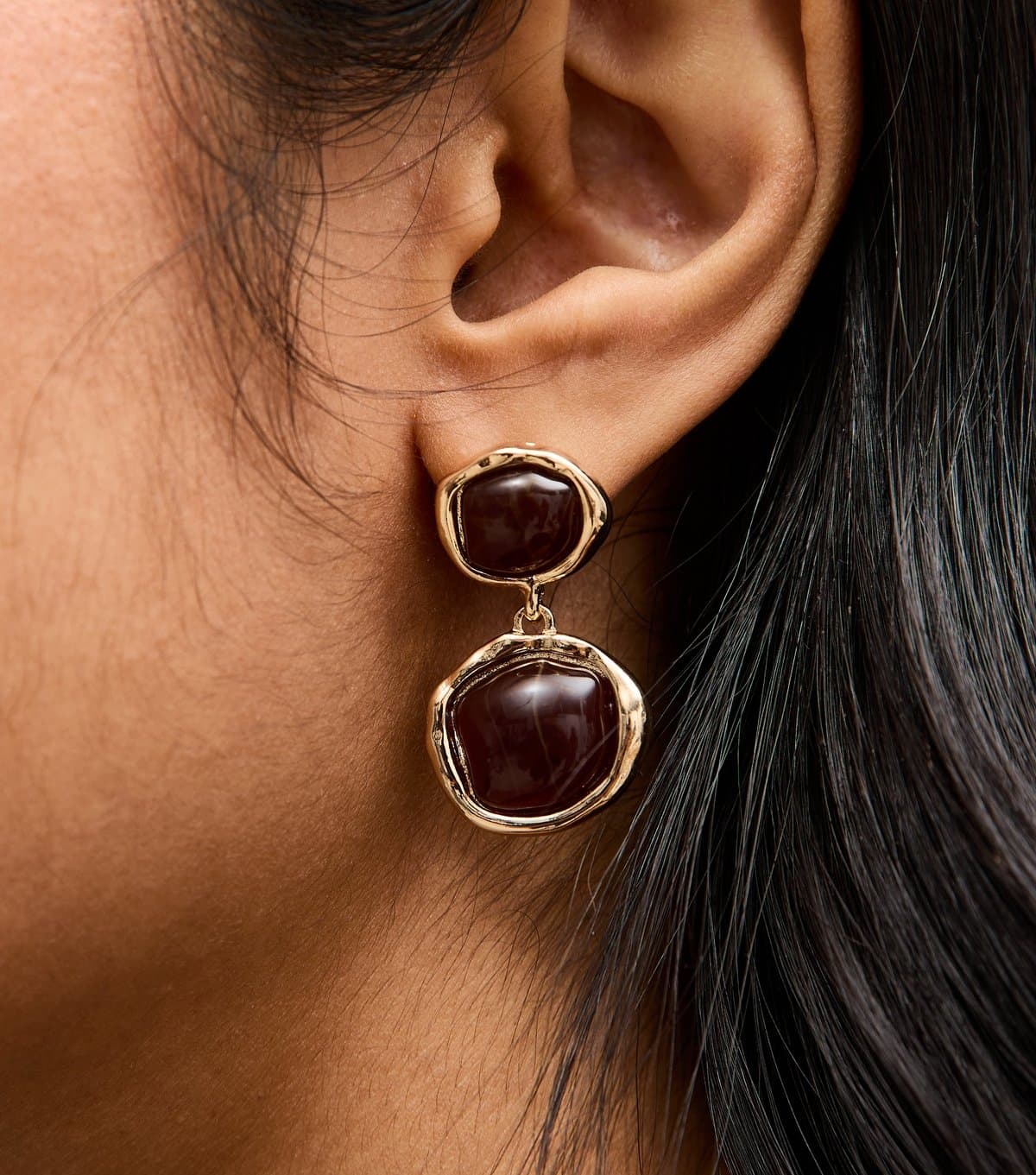 New Look Gold Tone Brown Enamel Round Drop Earrings New Look