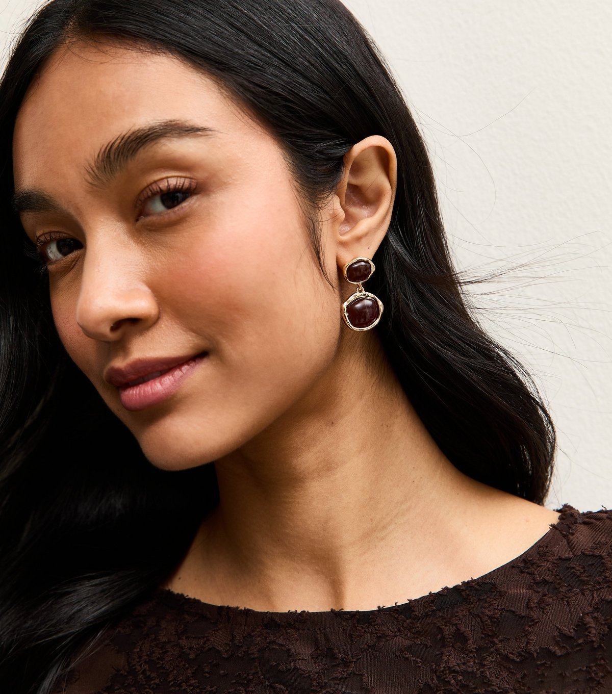 New Look Gold Tone Brown Enamel Round Drop Earrings New Look - 2