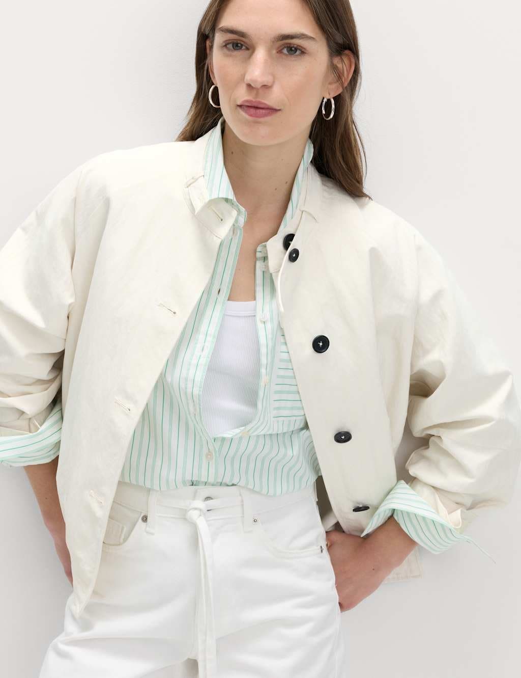 Marks & Spencer M&S Washed Satin Bomber Jacket in Ecru