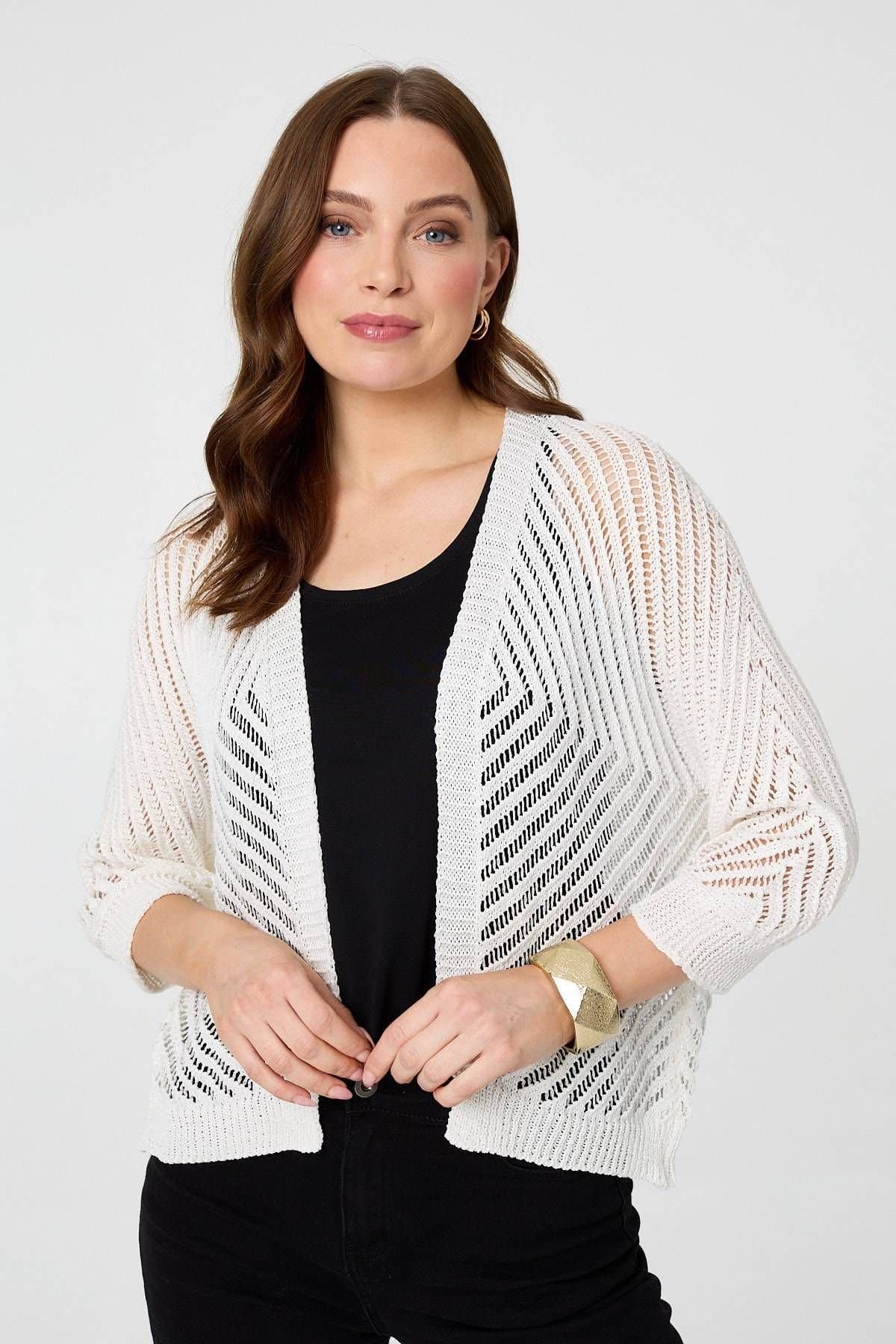 Izabel London Izabel London Women's Chevron Texture Mesh 1/2 Sleeve Cardigan in White