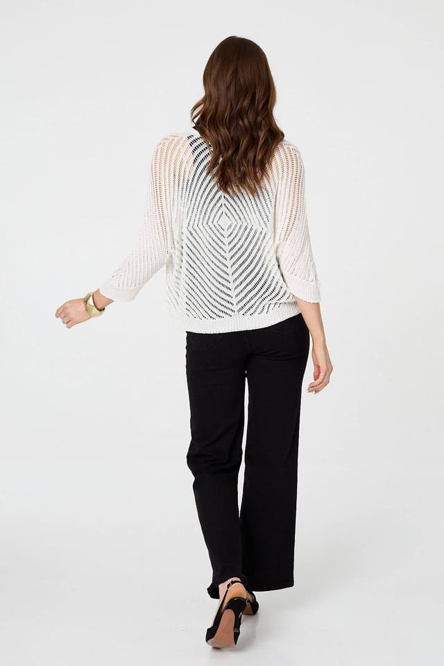 Izabel London Izabel London Women's Chevron Texture Mesh 1/2 Sleeve Cardigan in White - 3