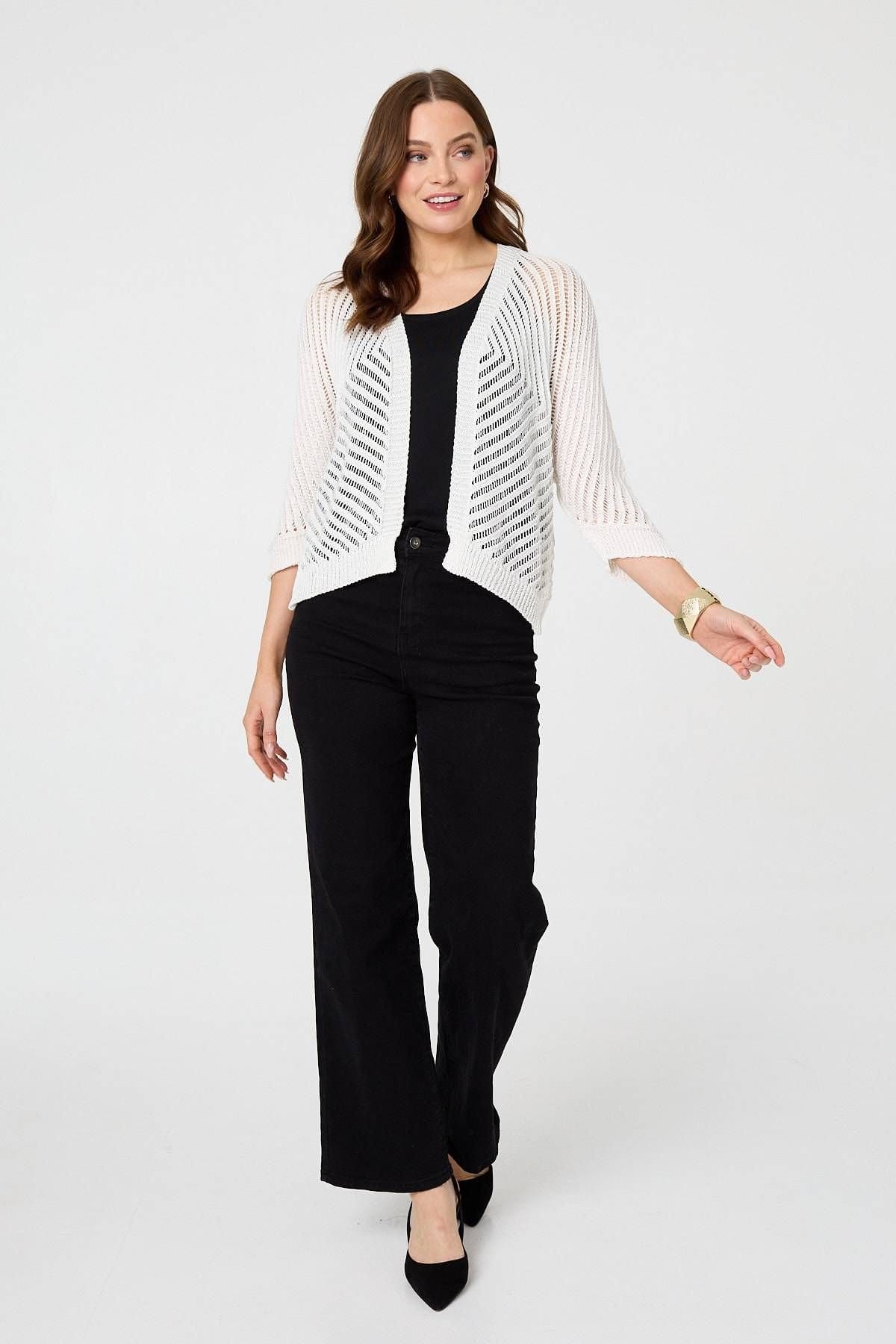 Izabel London Izabel London Women's Chevron Texture Mesh 1/2 Sleeve Cardigan in White - 4