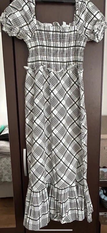 Topshop Topshop midi maxi ruched dress puff sleeves blue grey black white very good condition size 12