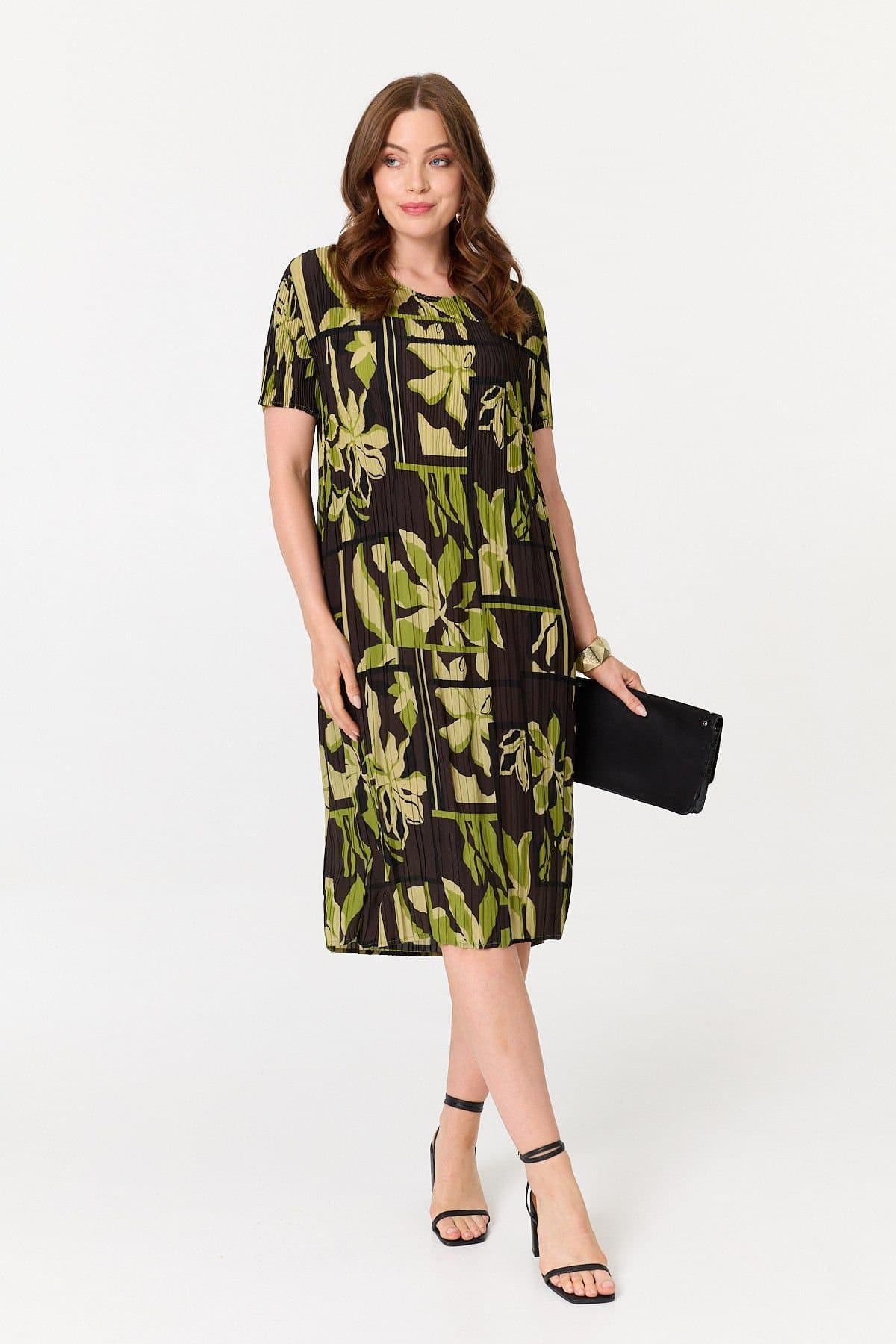 Izabel London Izabel London Women's Floral Pleated Textured Midi Shift Dress in Green